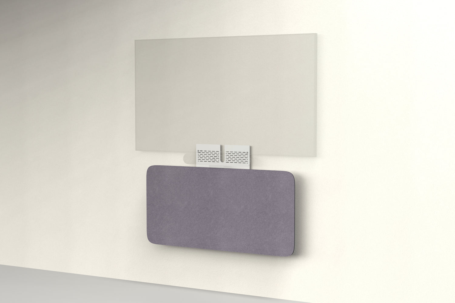 Heckler Credenza Neo in Wisteria — wall-mounted AV credenza with wisteria purple acoustic felt panel concealing components below a display.