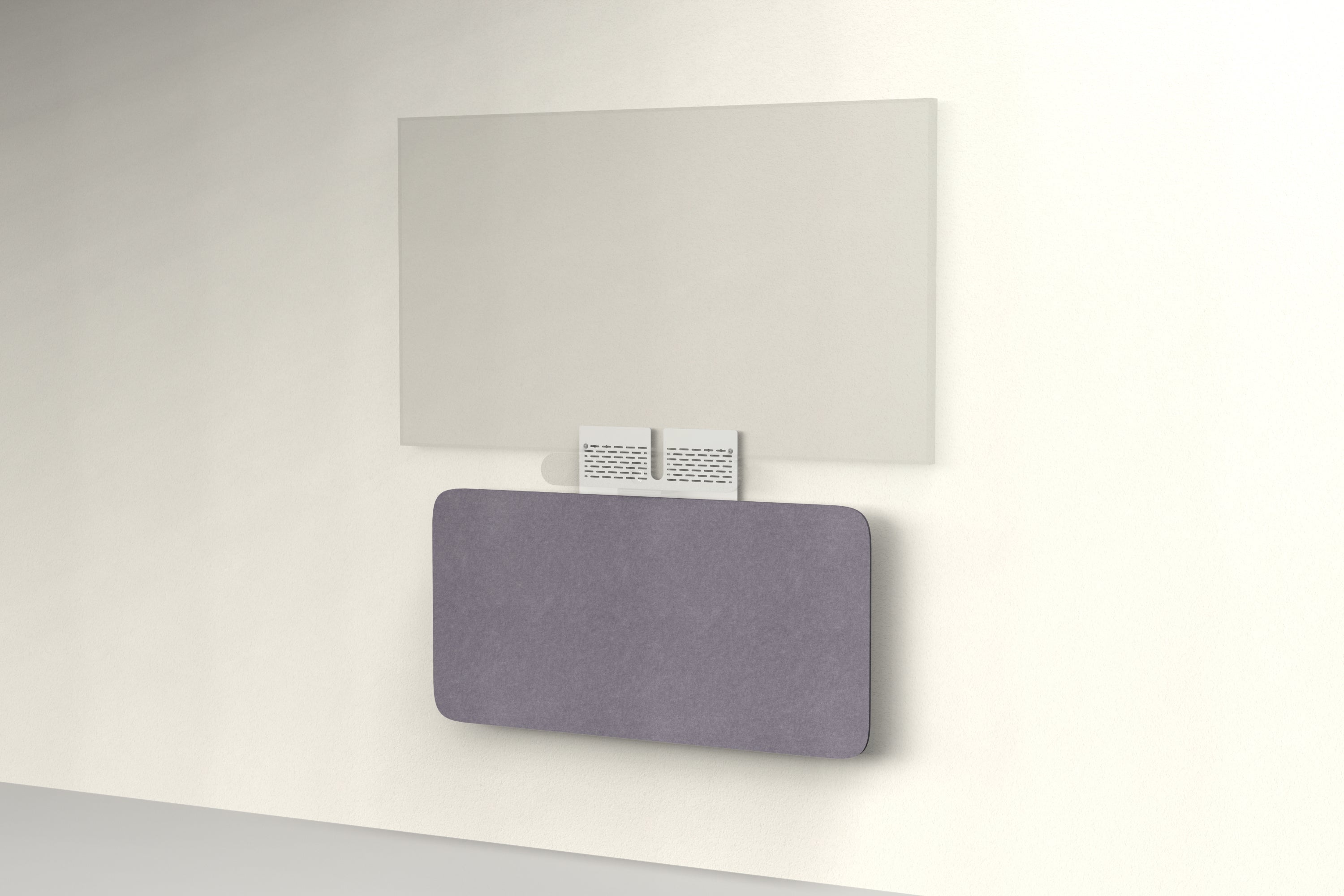 Heckler Credenza Neo in Wisteria — wall-mounted AV credenza with wisteria purple acoustic felt panel concealing components below a display.