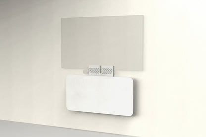 Heckler Credenza Neo in Zinc — wall-mounted AV credenza with zinc gray acoustic felt panel concealing components below a display.