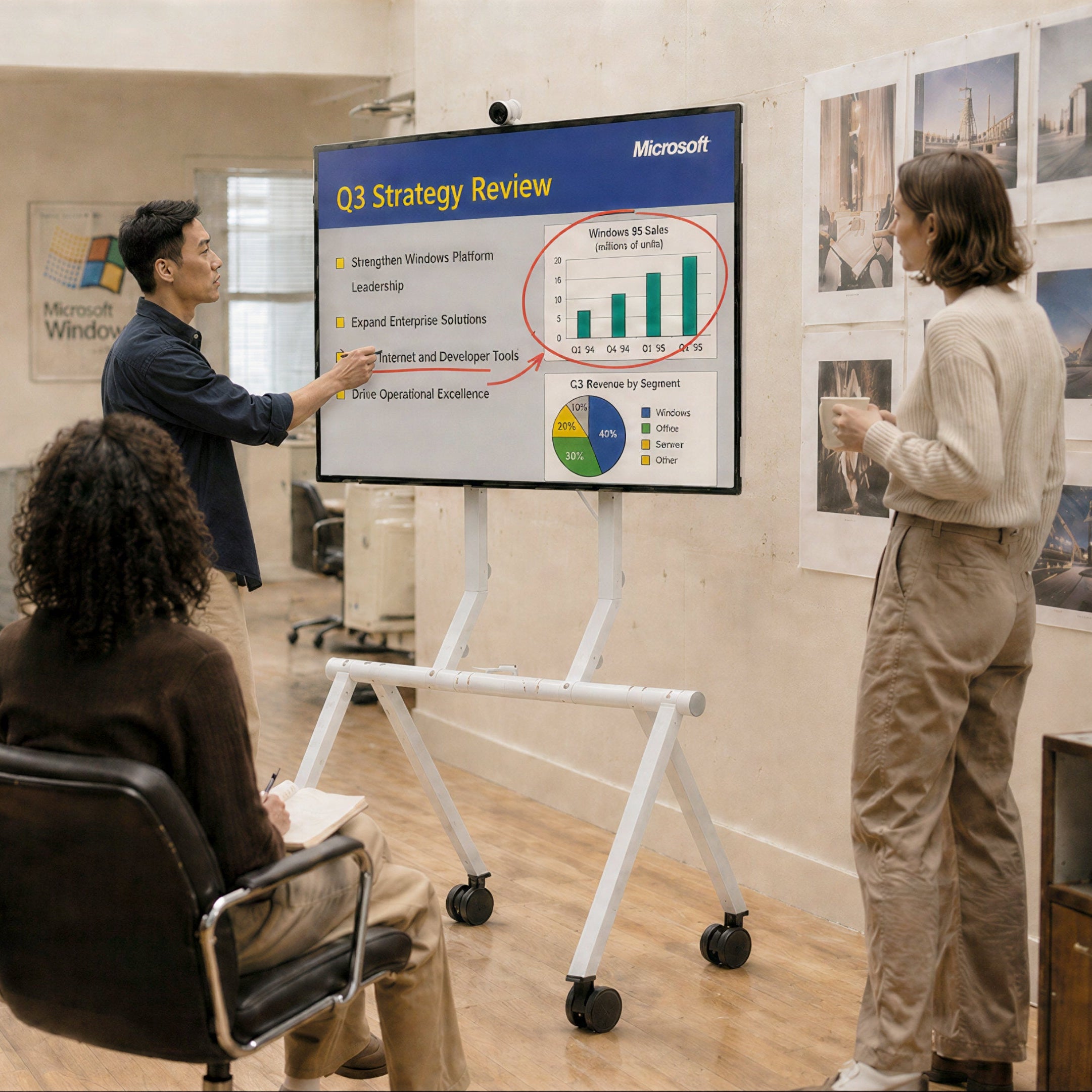Heckler Rolling Stand for Surface Hub 3 in a meeting room.