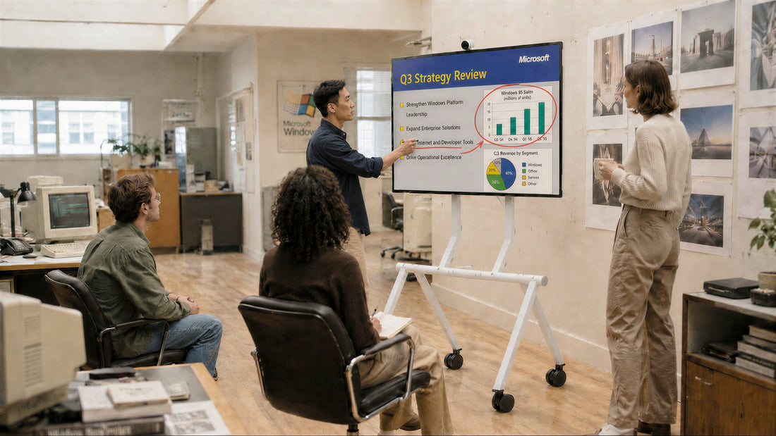 Heckler Rolling Stand for Surface Hub 3 supporting a display in a meeting room.