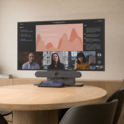 Heckler Express Install Tabletop Stand with conferencing display on a meeting table.