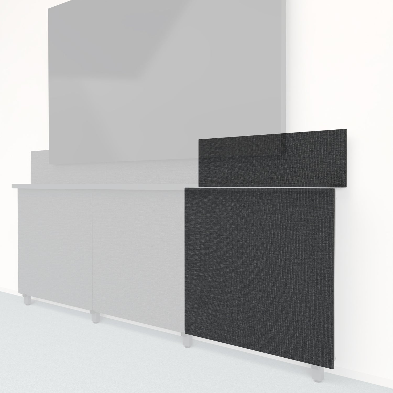 Heckler Framework Tall Outer Panel &amp; Backsplash in Black Grey Maharam textile — modular textile-wrapped charcoal AV wall panel for the Heckler Framework system.