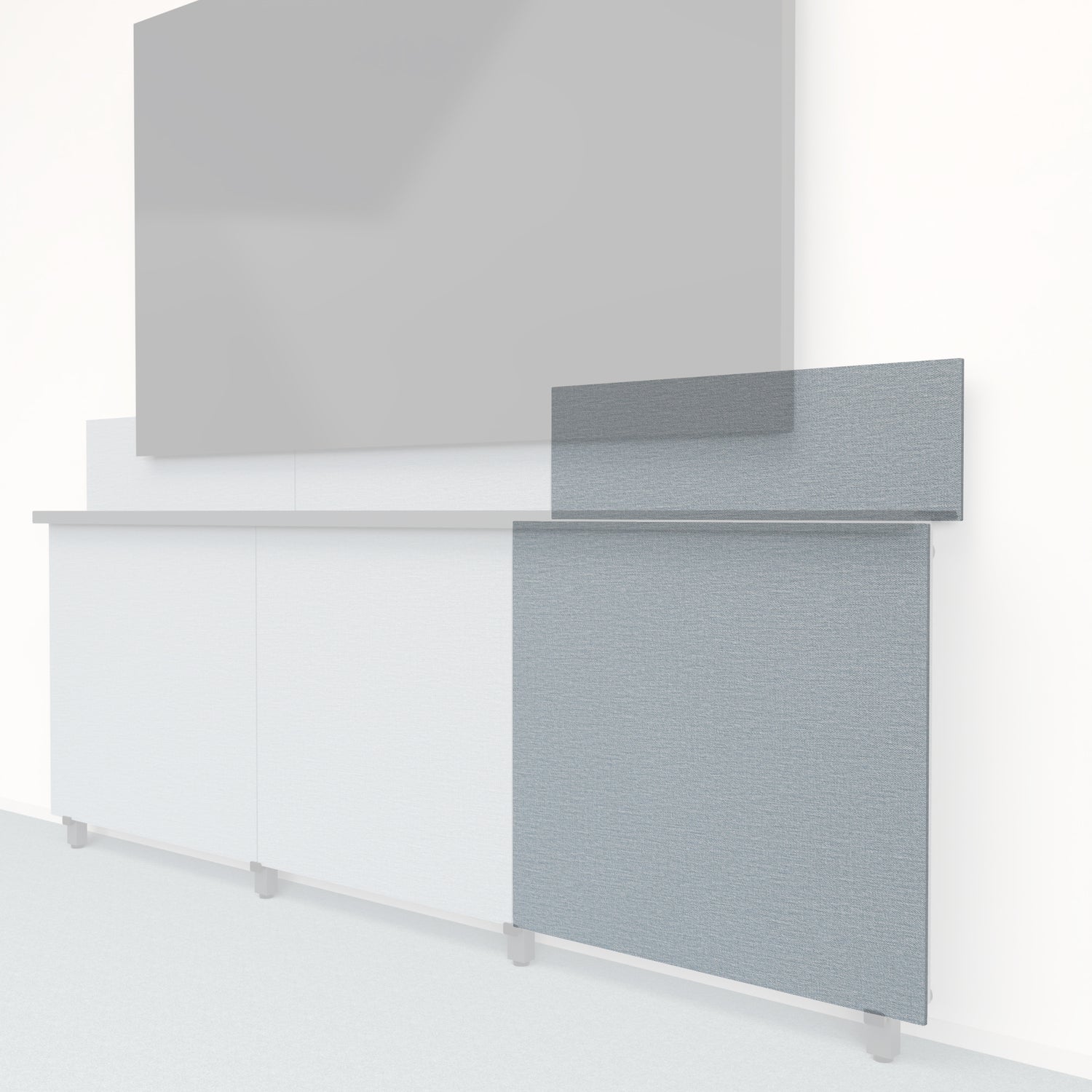 Heckler Framework Tall Outer Panel &amp; Backsplash in Blue Maharam textile — modular textile-wrapped muted blue AV wall panel for the Heckler Framework system.
