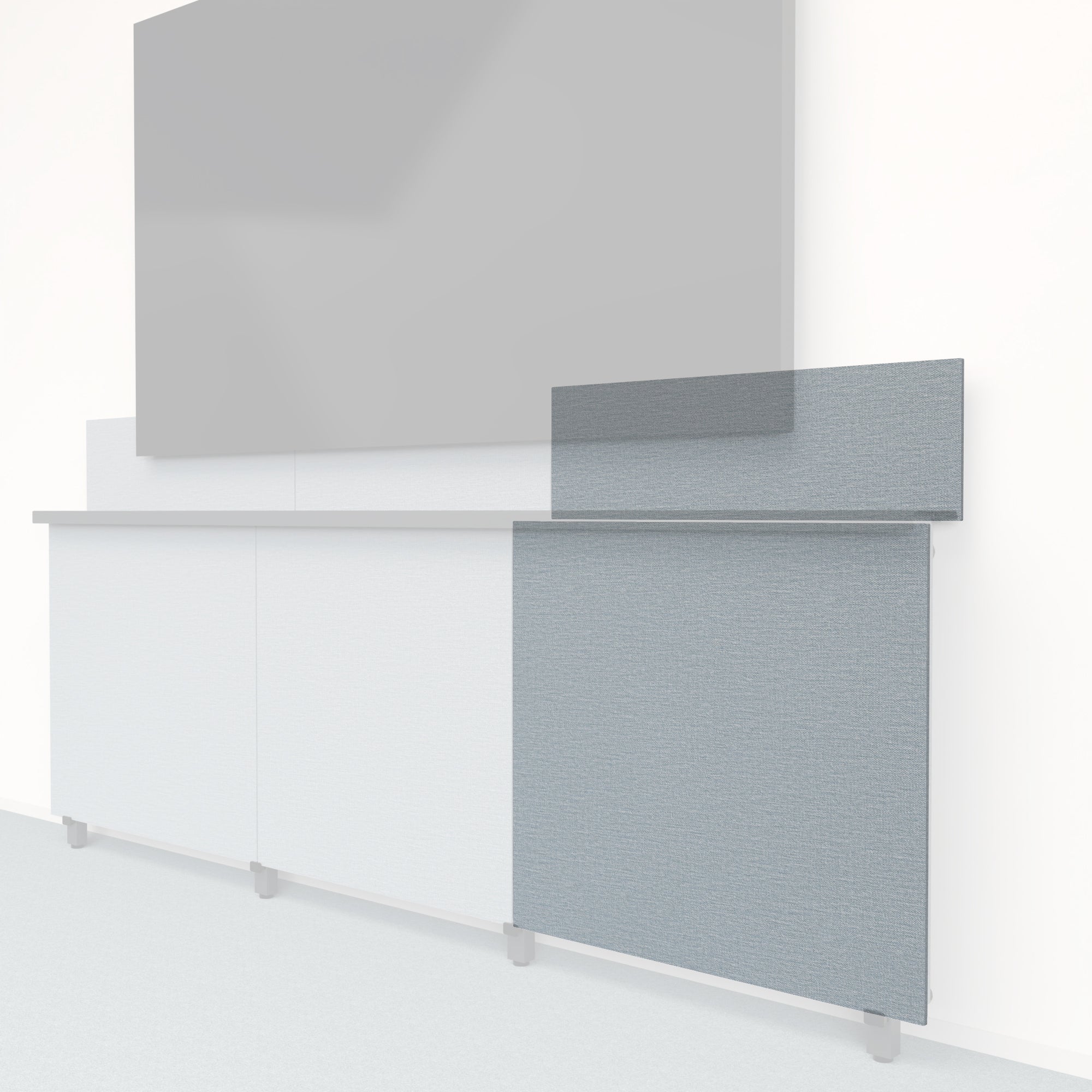 Heckler Framework Tall Outer Panel &amp; Backsplash in Blue Maharam textile — modular textile-wrapped muted blue AV wall panel for the Heckler Framework system.