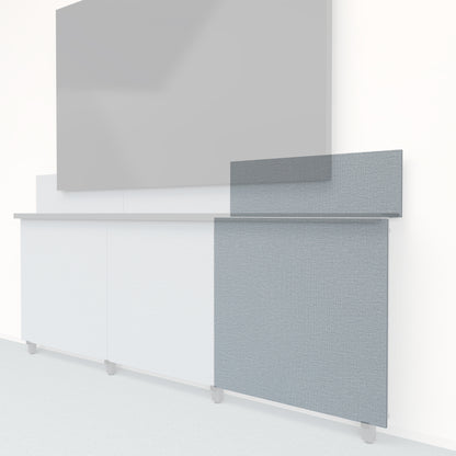 Heckler Framework Tall Outer Panel &amp; Backsplash in Blue Maharam textile — modular textile-wrapped muted blue AV wall panel for the Heckler Framework system.