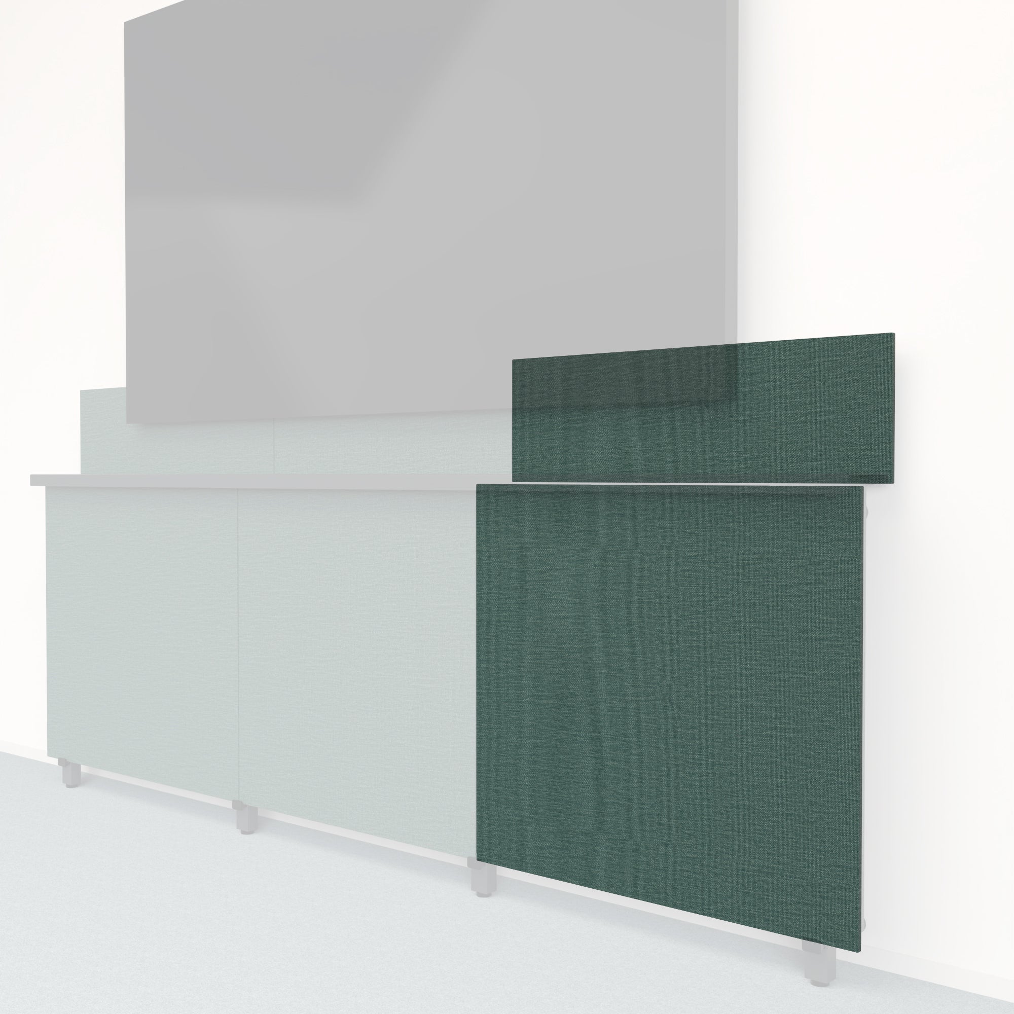 Heckler Framework Tall Outer Panel &amp; Backsplash in Undergrowth Maharam textile — modular textile-wrapped muted green AV wall panel for the Heckler Framework system.