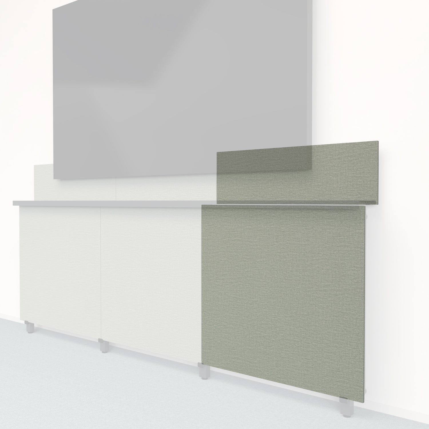 Heckler Framework Tall Outer Panel &amp; Backsplash in Green Maharam textile — modular textile-wrapped sage green AV wall panel for the Heckler Framework system.