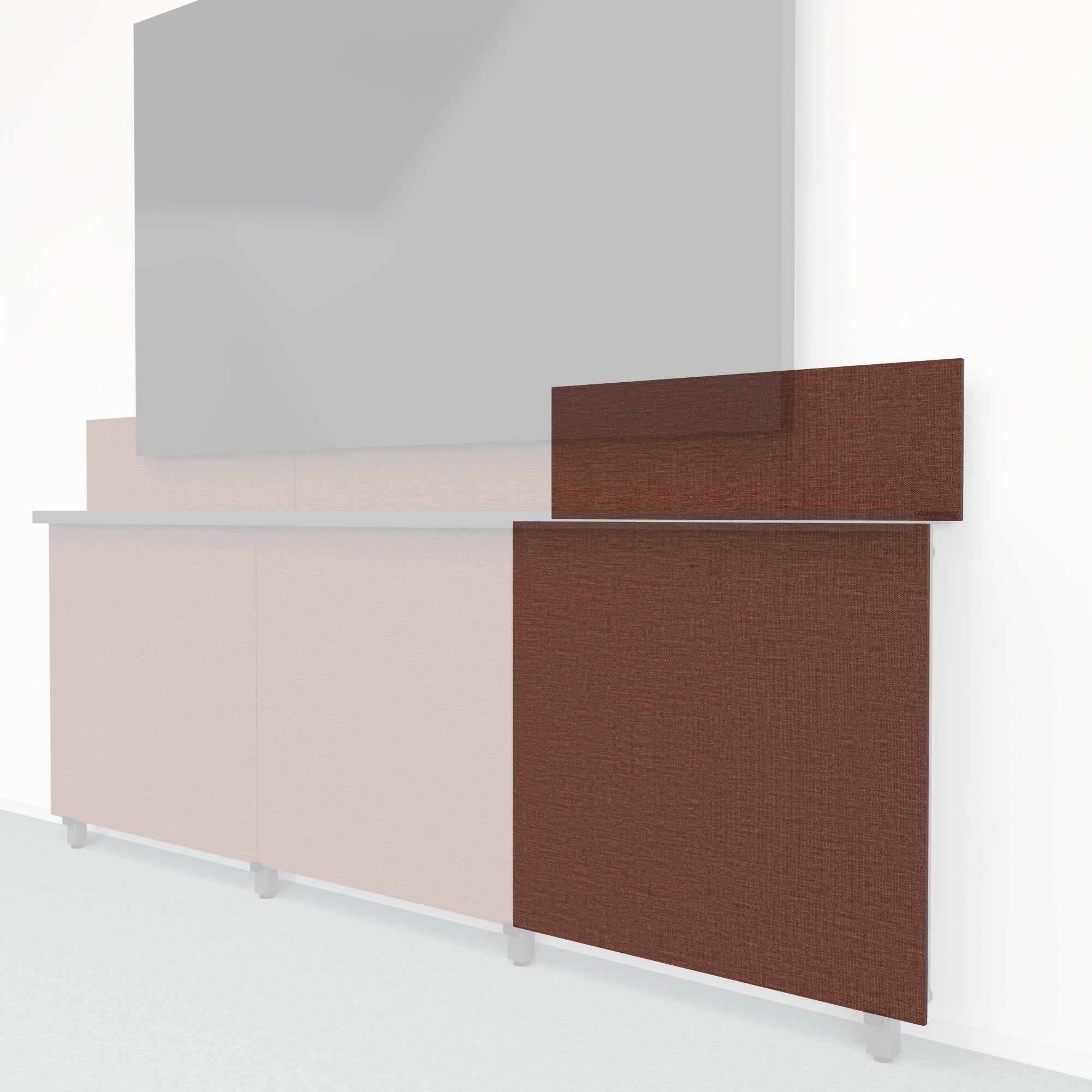 Heckler Framework Tall Outer Panel &amp; Backsplash in Shino Maharam textile — modular textile-wrapped warm oatmeal AV wall panel for the Heckler Framework system.