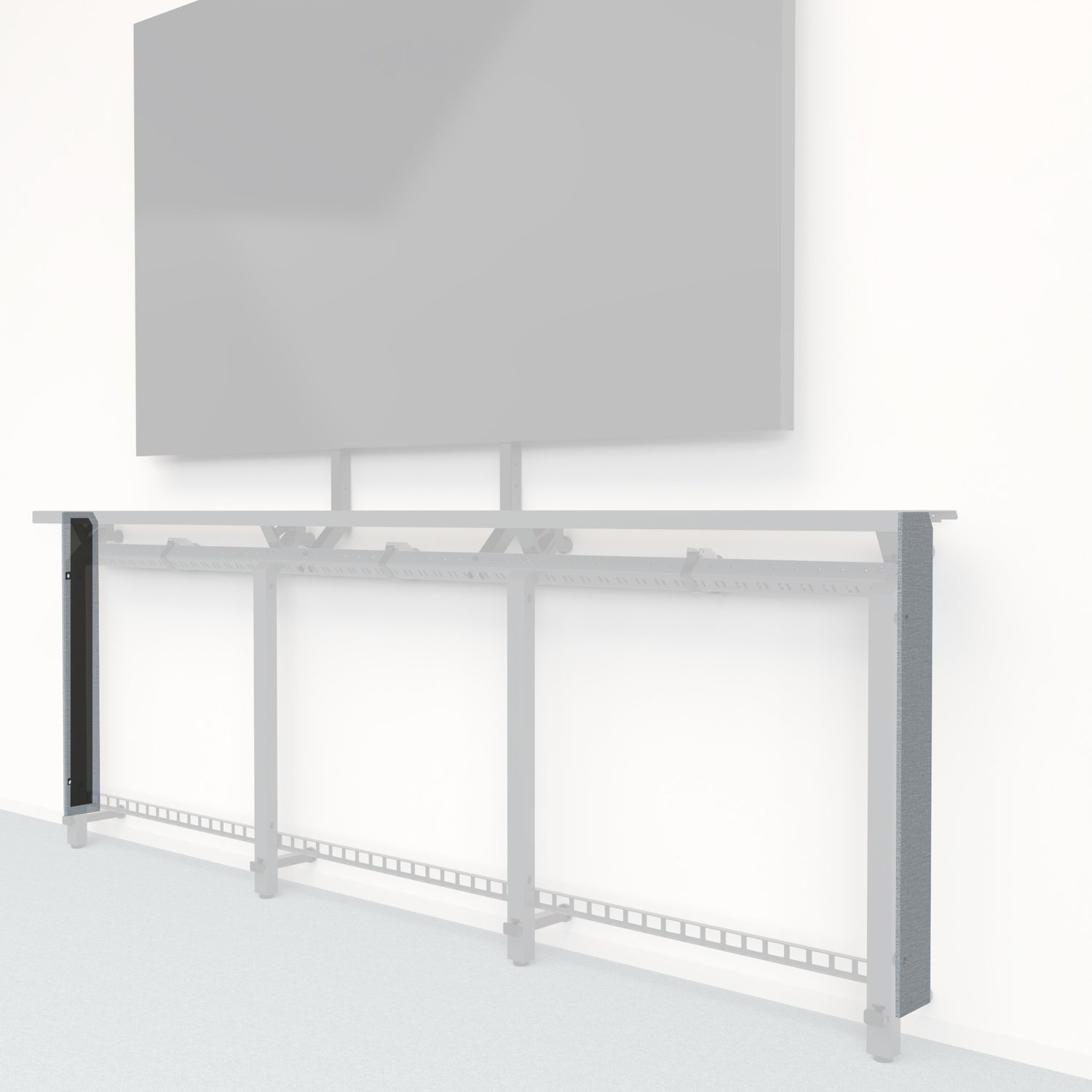 Heckler Framework Tall End Cap in Blue Maharam textile — modular textile-wrapped muted blue end panel for the Heckler Framework AV wall system.