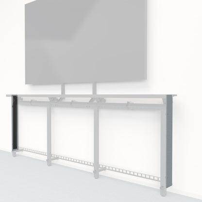 Heckler Framework Tall End Cap in Blue Maharam textile — modular textile-wrapped muted blue end panel for the Heckler Framework AV wall system.