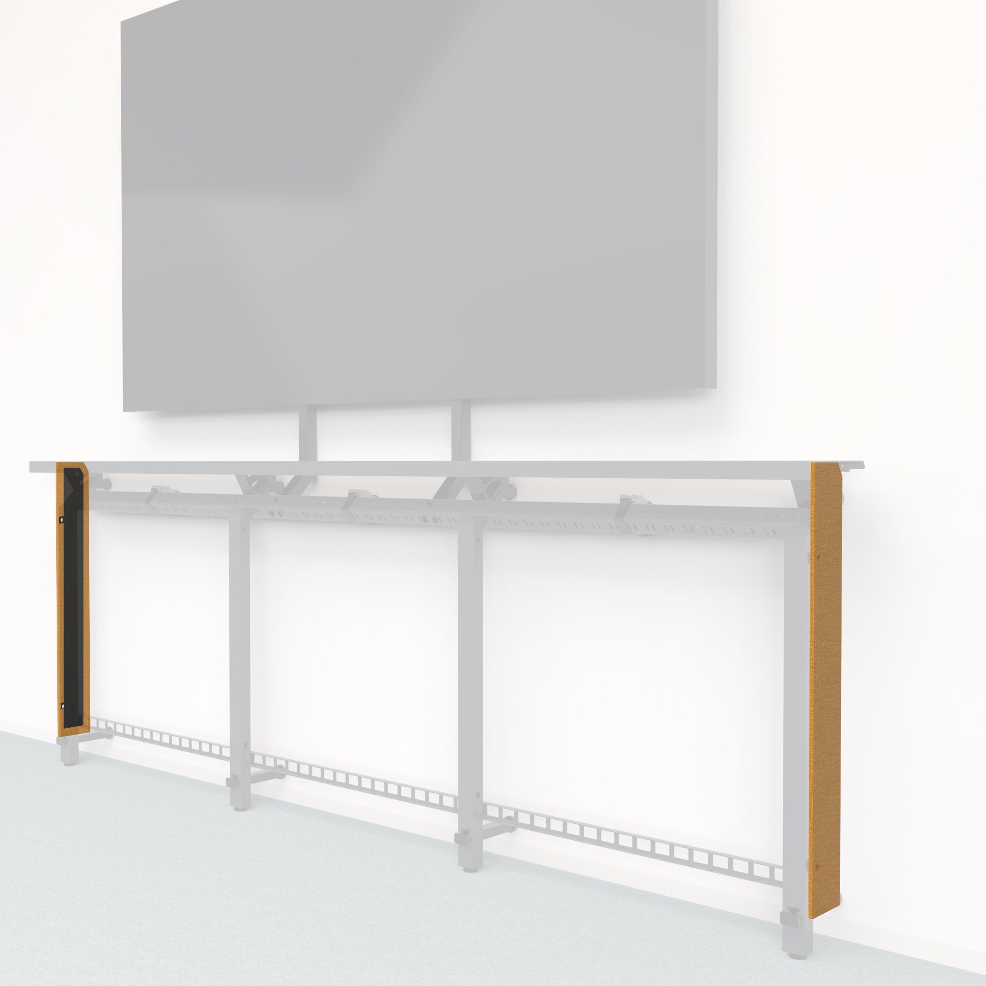 Heckler Framework Tall End Cap in Honey Maharam textile — modular textile-wrapped warm golden end panel for the Heckler Framework AV wall system.