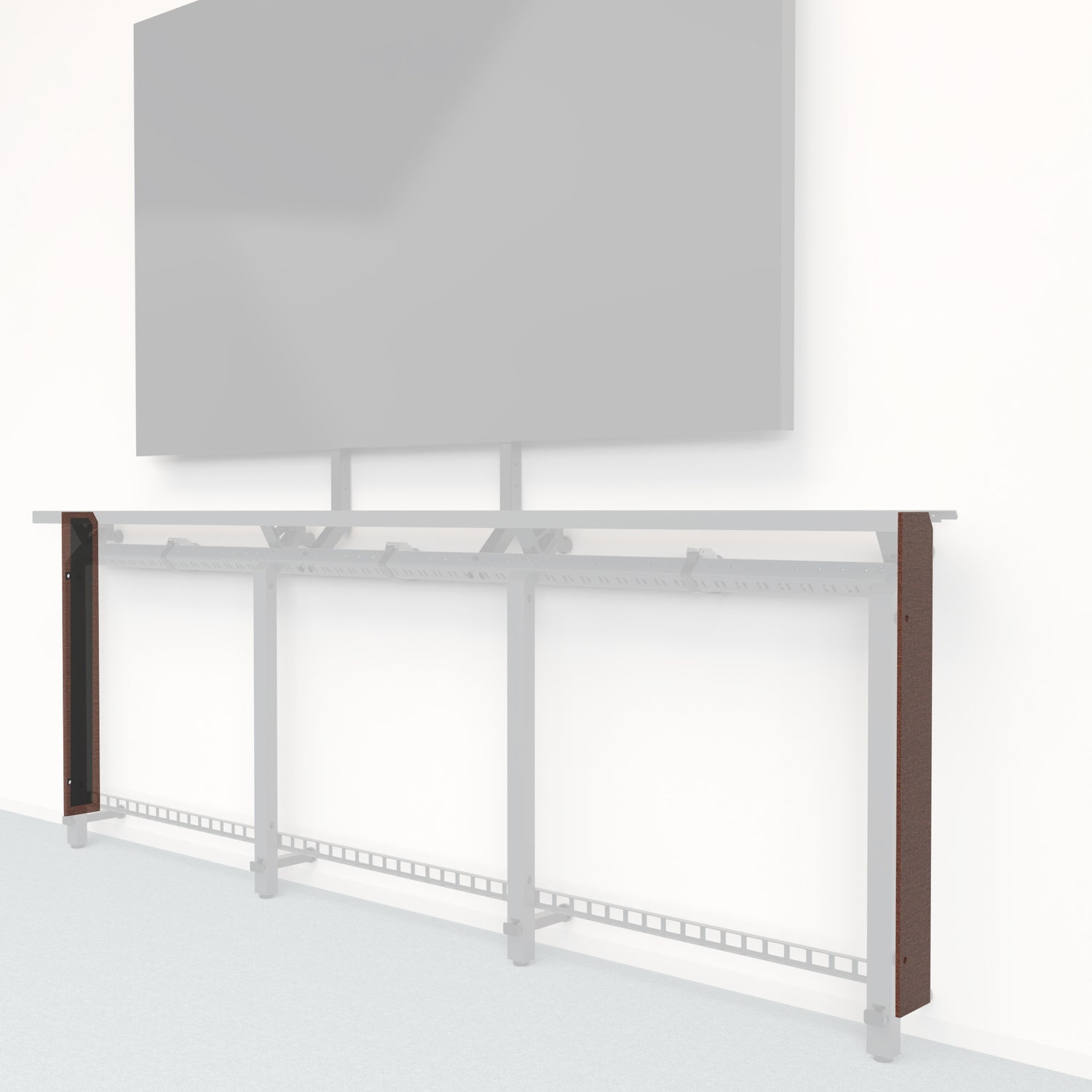 Heckler Framework Tall End Cap in Shino Maharam textile — modular textile-wrapped warm oatmeal end panel for the Heckler Framework AV wall system.