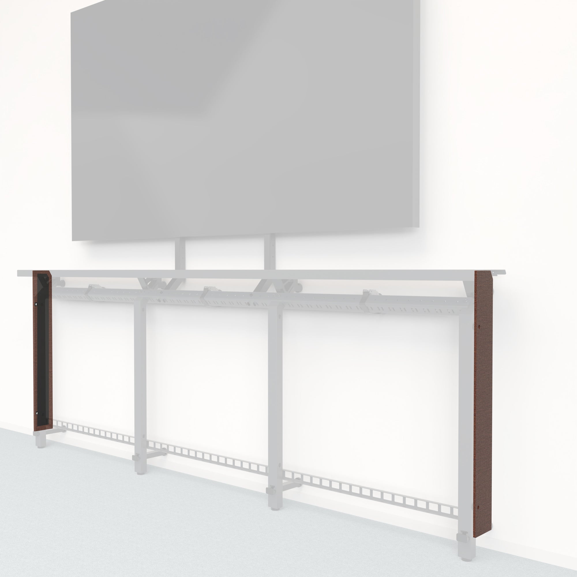 Heckler Framework Tall End Cap in Shino Maharam textile — modular textile-wrapped warm oatmeal end panel for the Heckler Framework AV wall system.