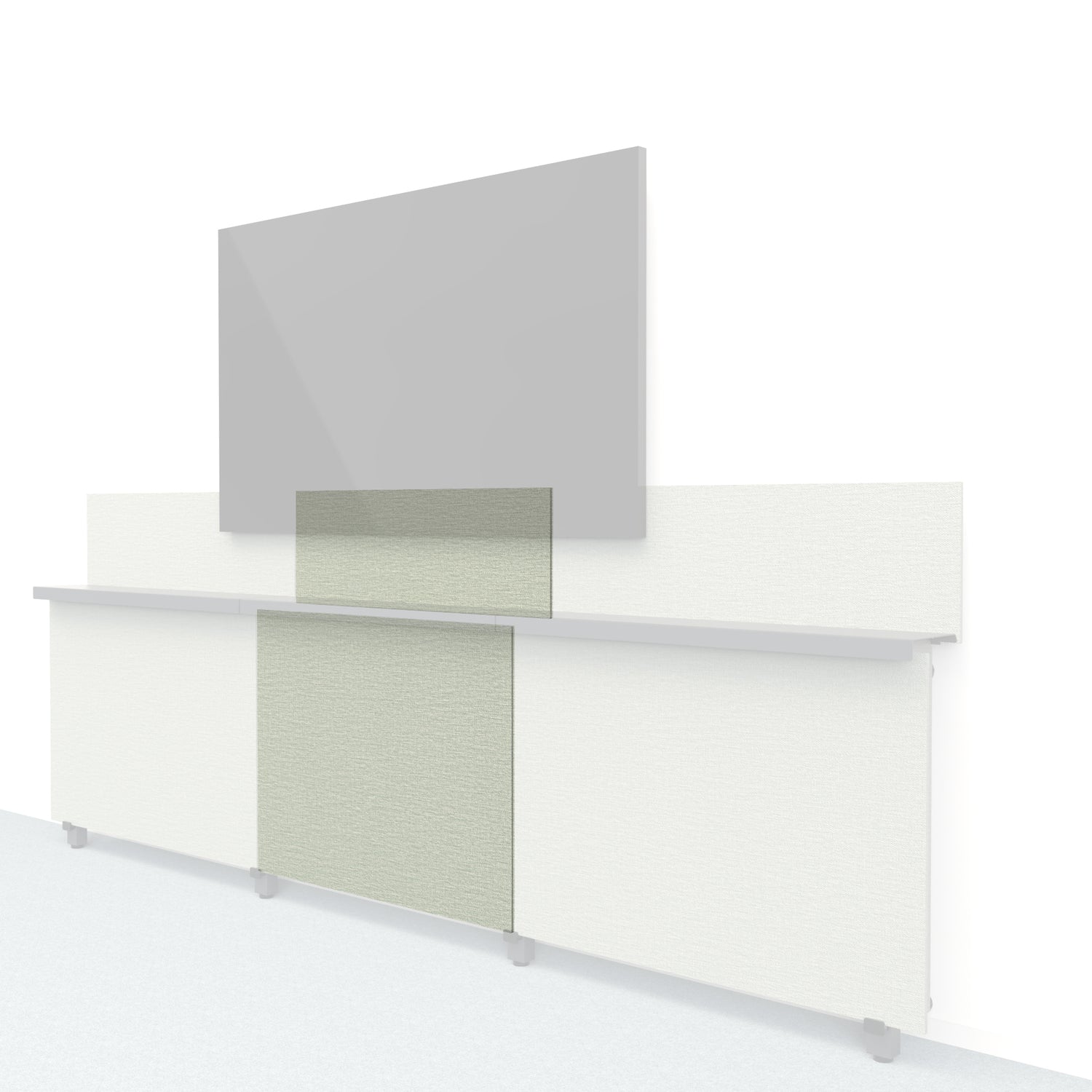Heckler Framework Short Inner Panel &amp; Backsplash in Green Maharam textile — modular textile-wrapped sage green AV wall panel for the Heckler Framework system.