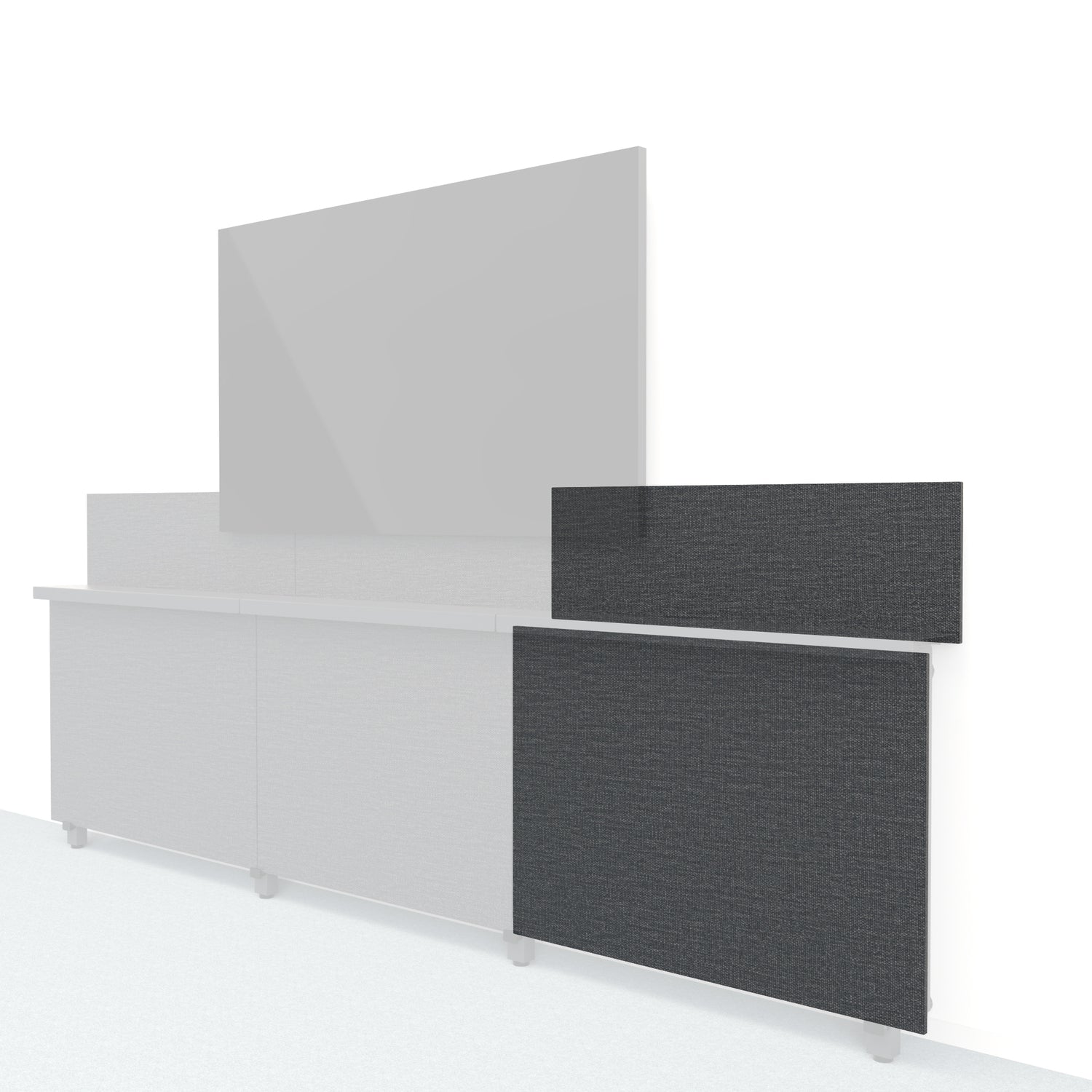 Heckler Framework Short Outer Panel &amp; Backsplash in Black Grey Maharam textile — modular textile-wrapped charcoal AV wall panel for the Heckler Framework system.