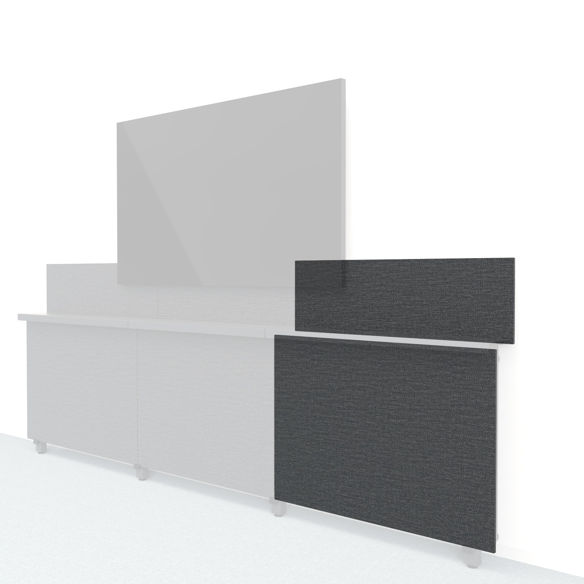 Heckler Framework Short Outer Panel &amp; Backsplash in Black Grey Maharam textile — modular textile-wrapped charcoal AV wall panel for the Heckler Framework system.