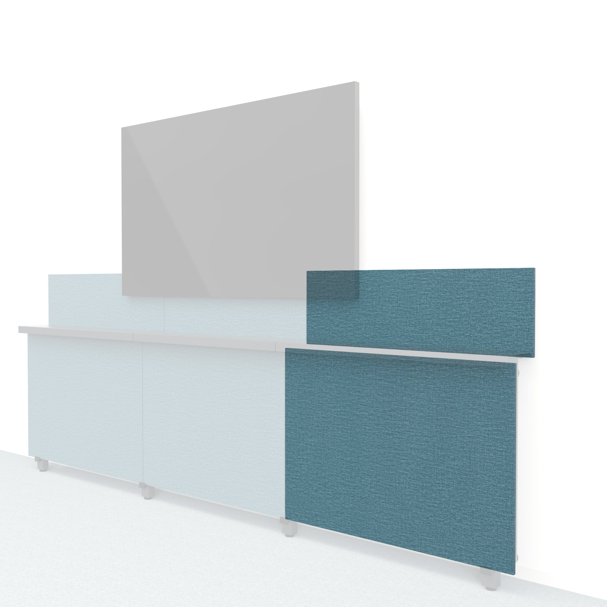 Heckler Framework Short Outer Panel &amp; Backsplash in Thermosphere Maharam textile — modular textile-wrapped atmospheric blue AV wall panel for the Heckler Framework system.