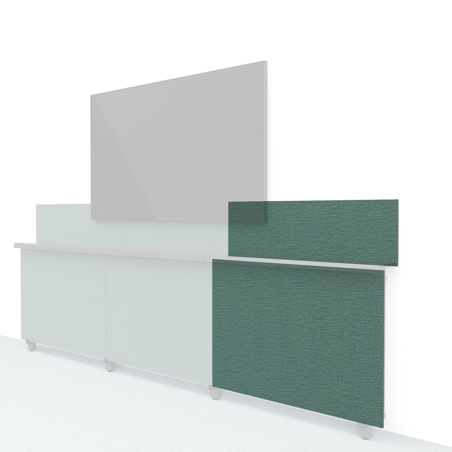 Heckler Framework Short Outer Panel &amp; Backsplash in Undergrowth Maharam textile — modular textile-wrapped muted green AV wall panel for the Heckler Framework system.