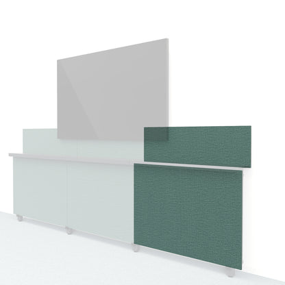 Heckler Framework Short Outer Panel &amp; Backsplash in Undergrowth Maharam textile — modular textile-wrapped muted green AV wall panel for the Heckler Framework system.
