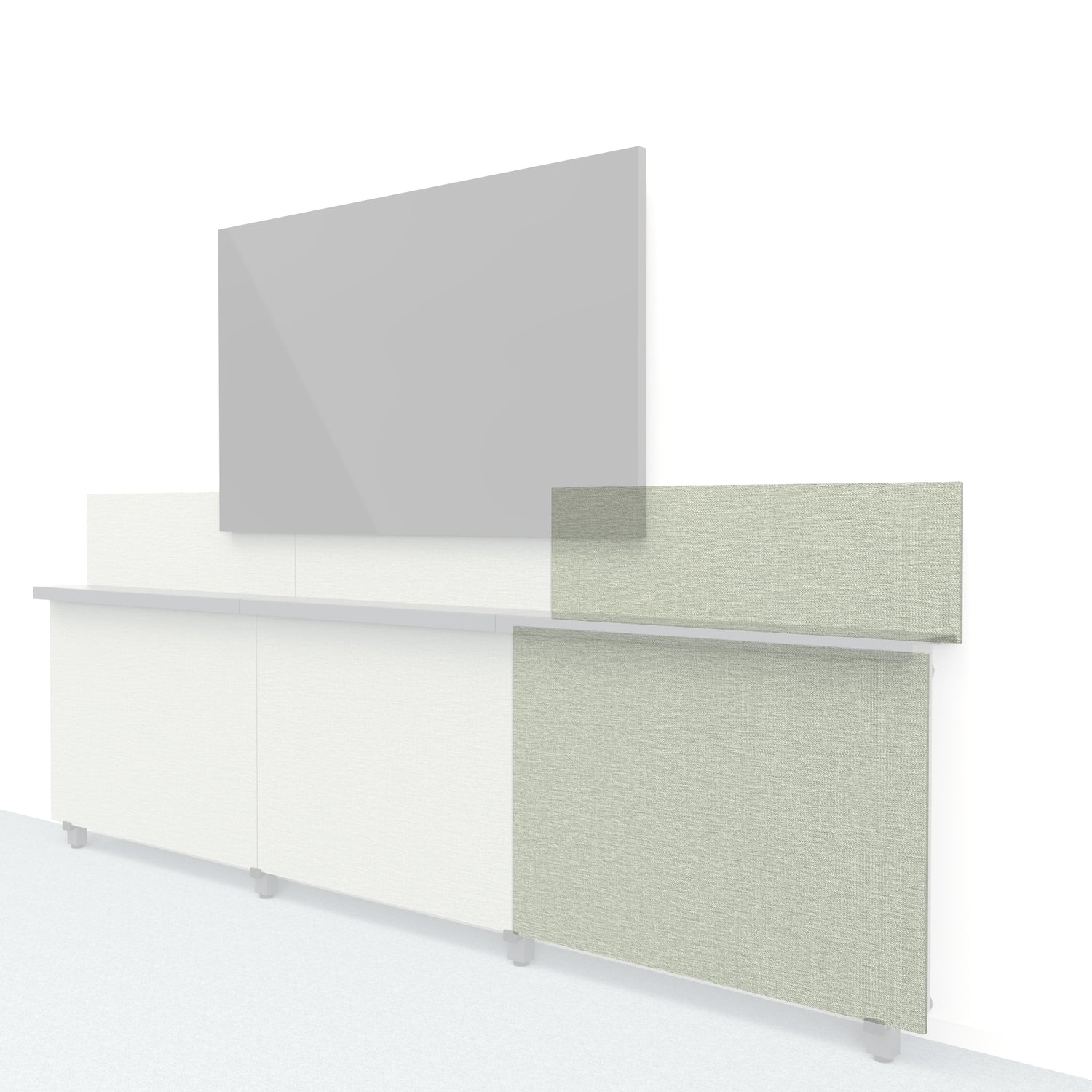 Heckler Framework Short Outer Panel &amp; Backsplash in Green Maharam textile — modular textile-wrapped sage green AV wall panel for the Heckler Framework system.