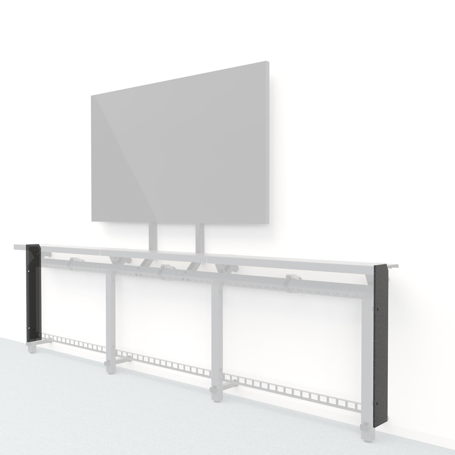 Heckler Framework Short End Cap in Black Grey Maharam textile — modular textile-wrapped charcoal end panel for the Heckler Framework AV wall system.