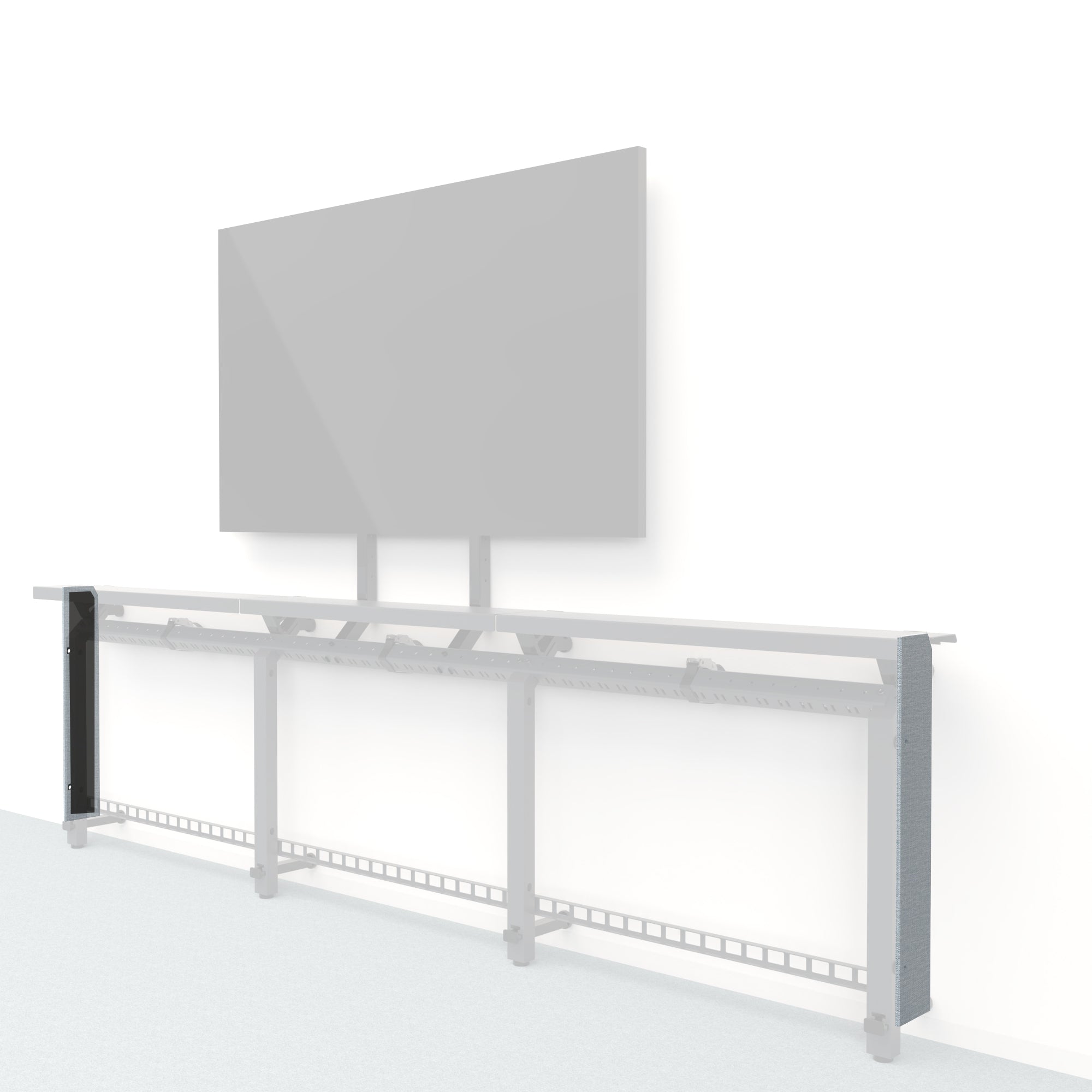 Heckler Framework Short End Cap in Blue Maharam textile — modular textile-wrapped muted blue end panel for the Heckler Framework AV wall system.