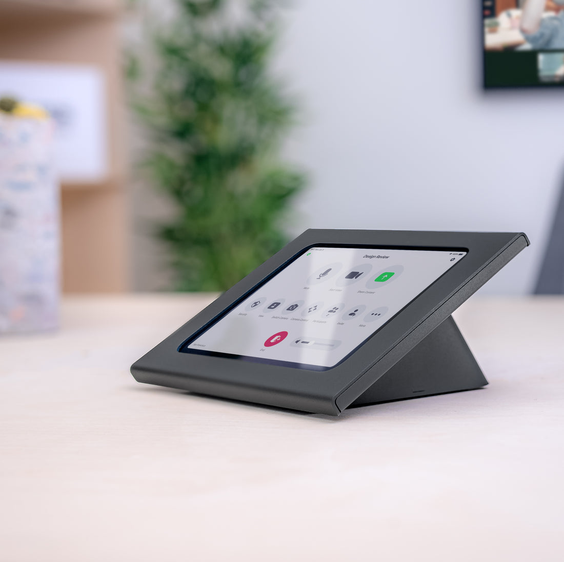 Heckler Zoom Rooms Console for iPad mini 6th and 7th Generation, front view showing iPad mini in 30-degree tabletop enclosure