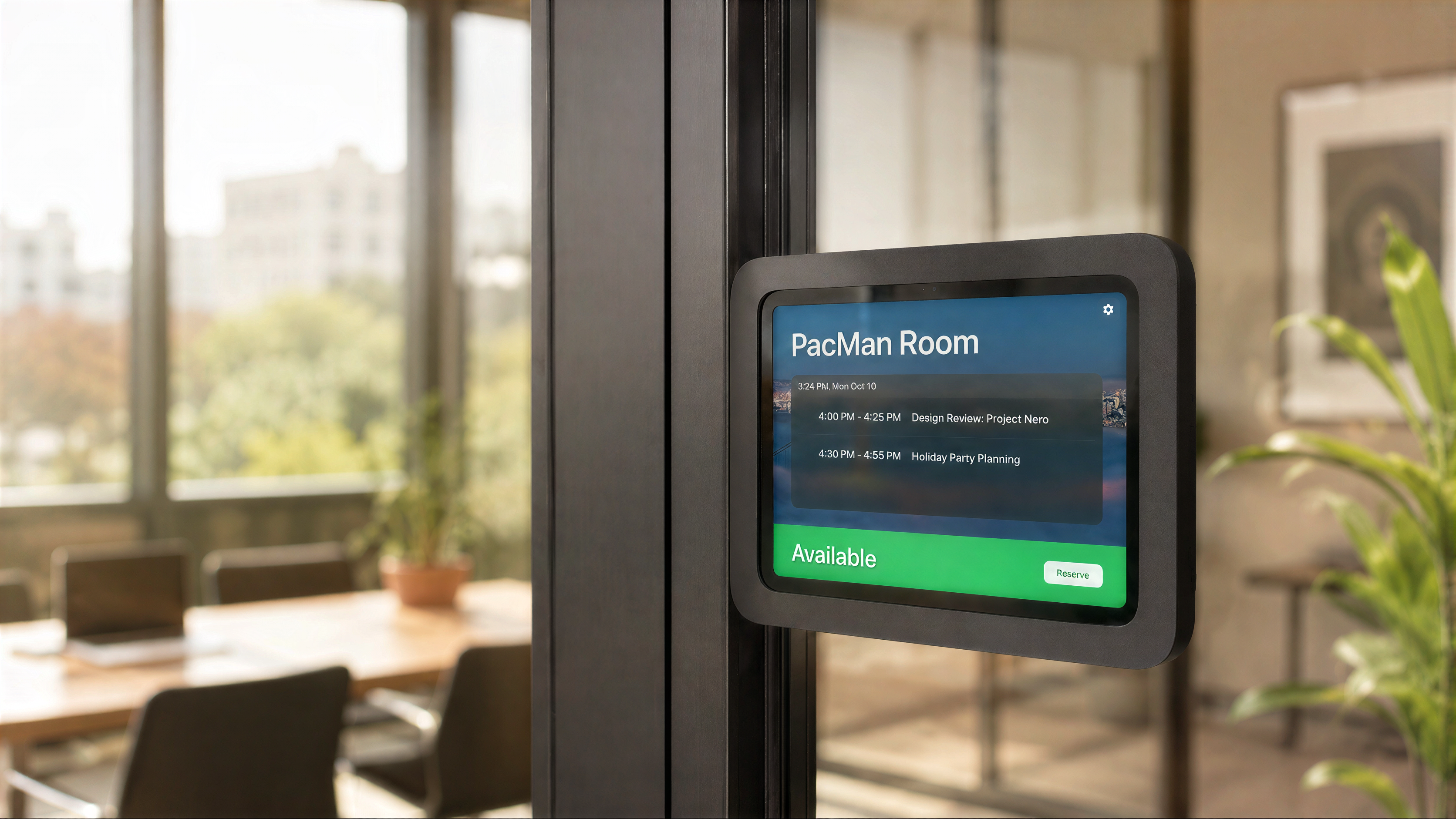 Room Scheduler Mount for iPad mini installed on a wall.