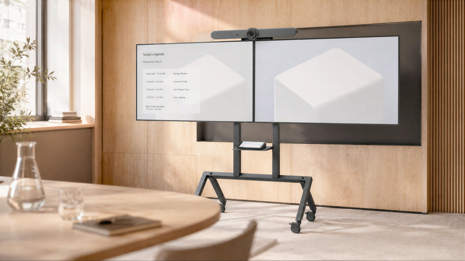 Dual Display Kit for Heckler AV Cart in a meeting space.