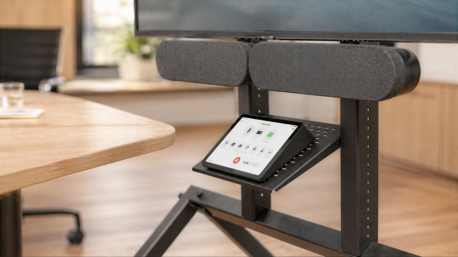Soundbar Mount for Heckler AV Cart installed on an AV cart.