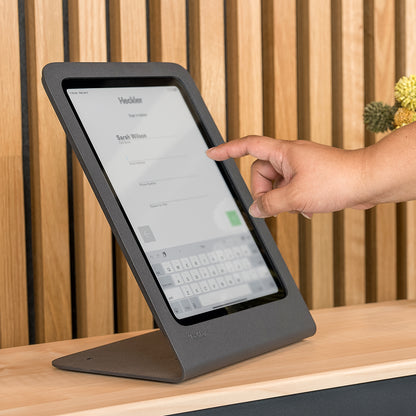 Heckler Portrait Stand with iPad displaying visitor check-in screen