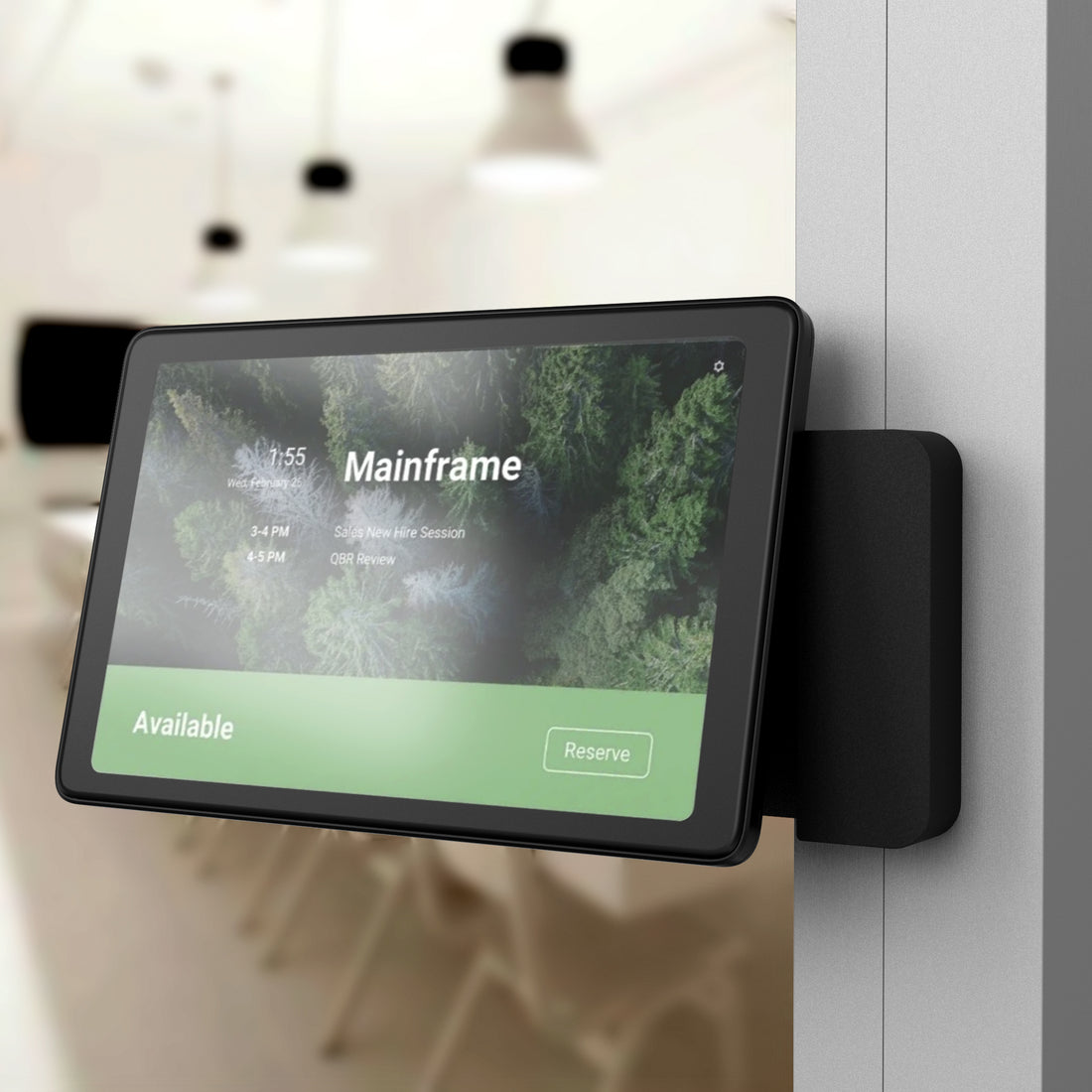 Heckler Front Mount for Neat Pad installed on glass mullion — magnetic front cover conceals all mounting hardware and CAT cable path