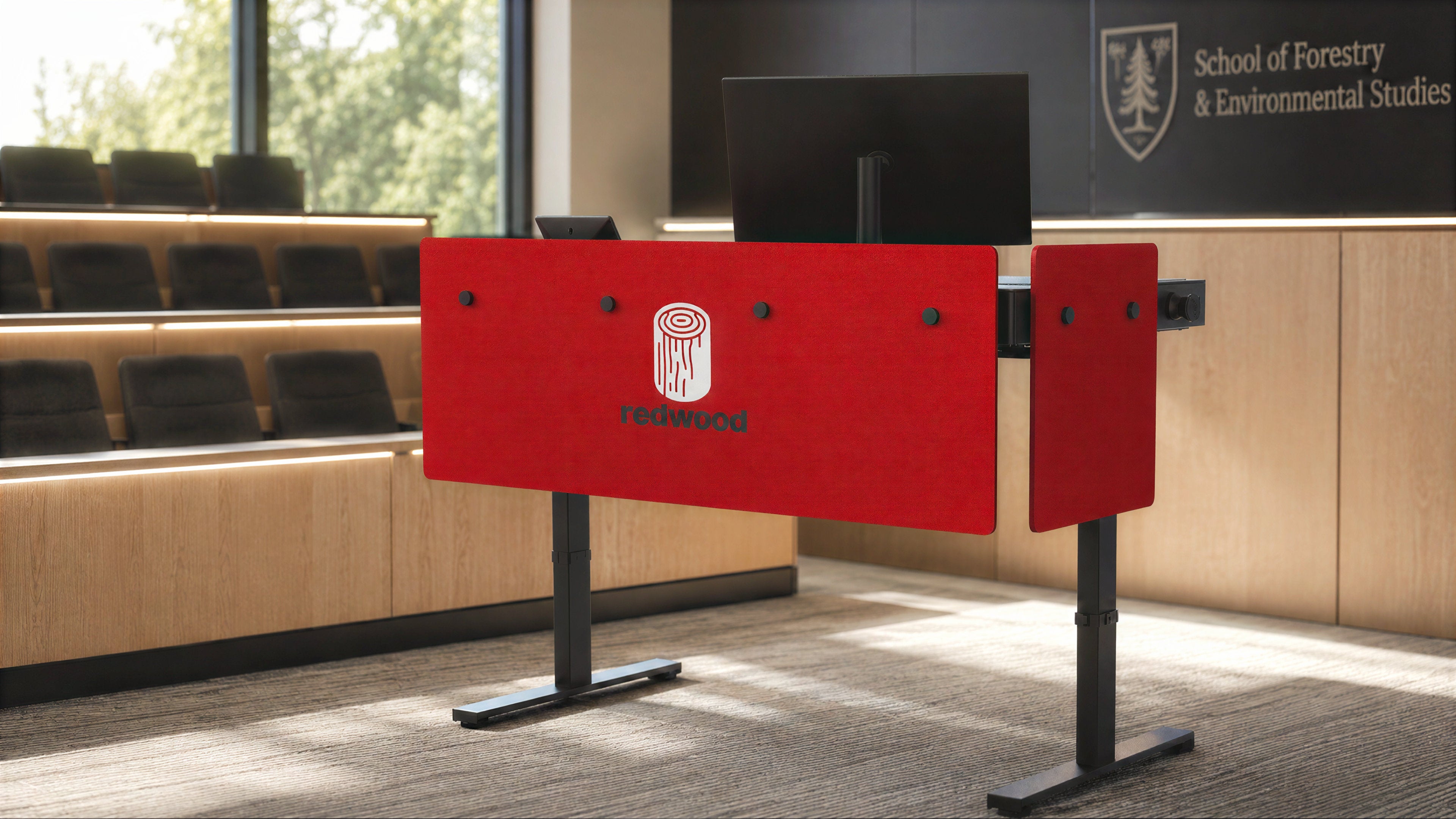Standard Modesty Panel Set for Heckler Lectern 6U installed in a lecture room.