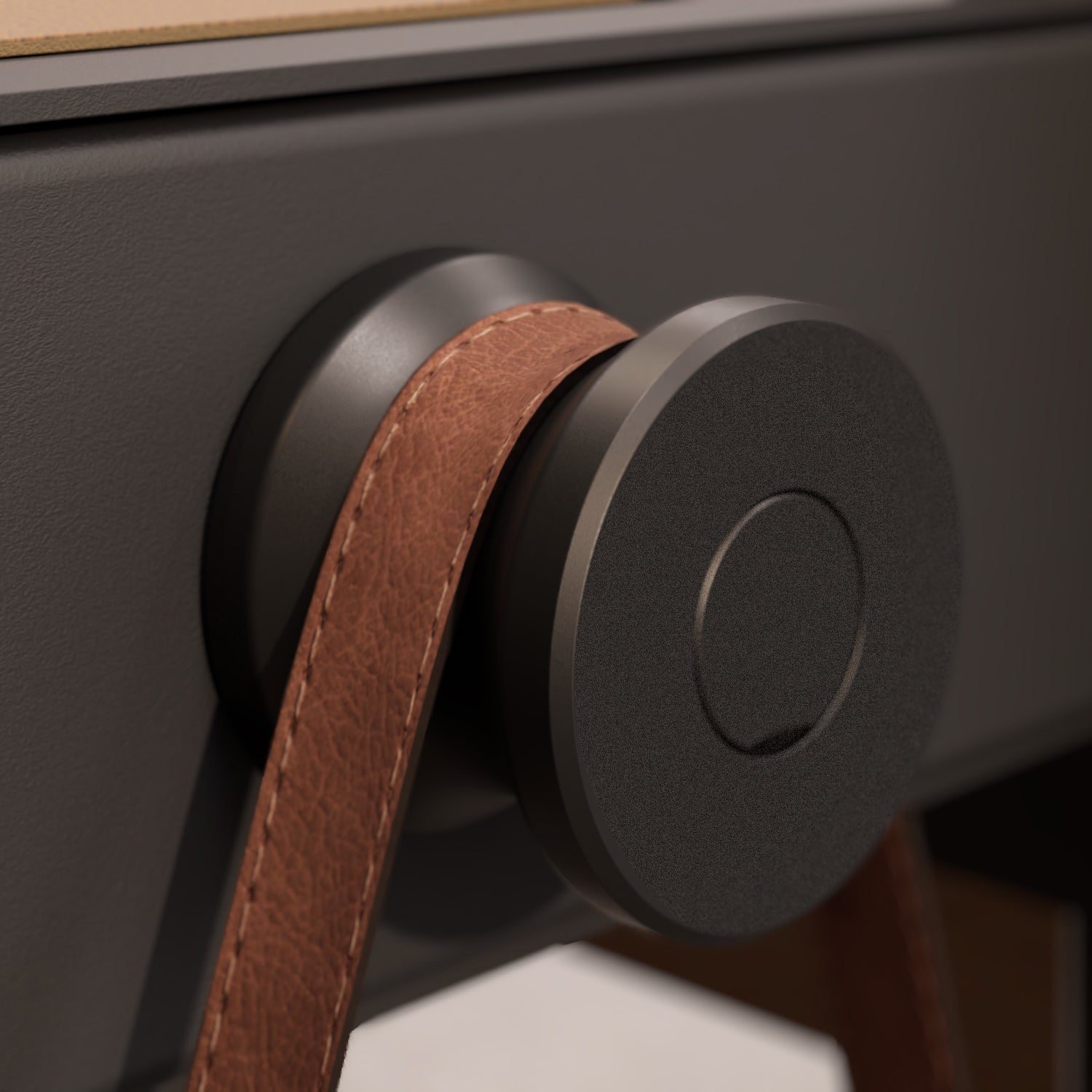 Bag Hook for Heckler Lectern — black hook mounted on lectern side, front view