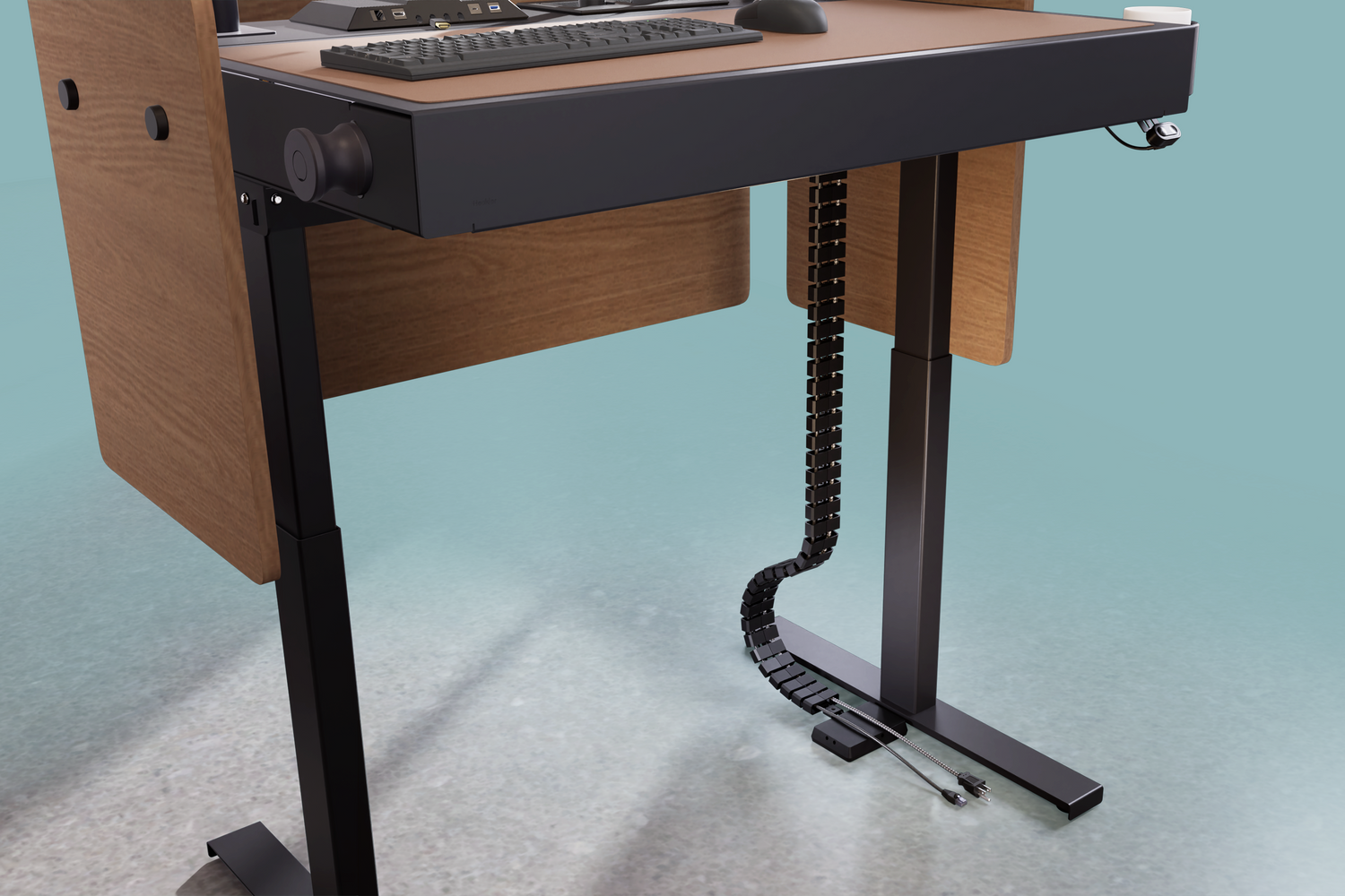 Cable Management Kit for Heckler Lectern — Black umbilical installed on lectern, view 1