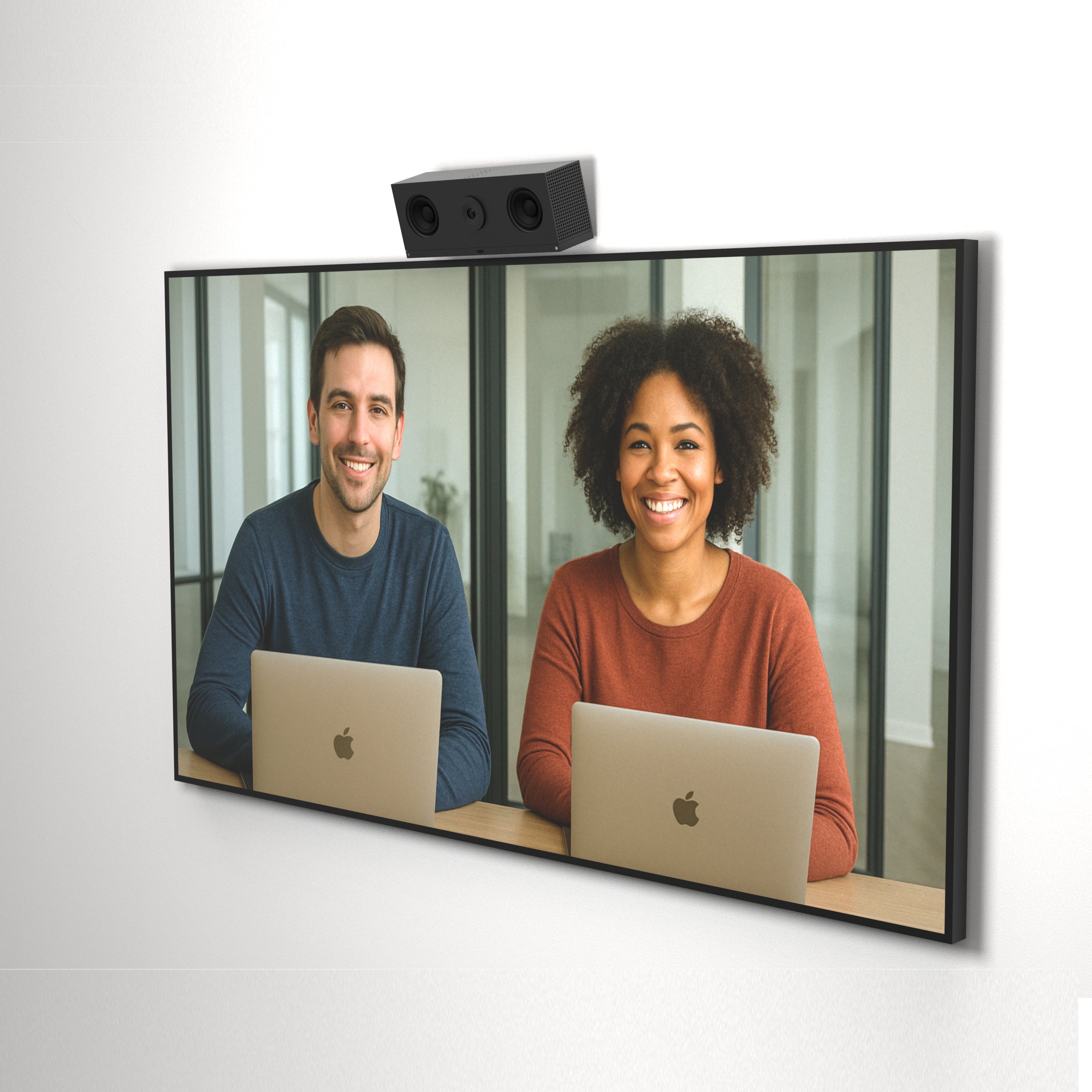 Heckler Angle Adapter installed with Huddly C1 above display — wall mount application