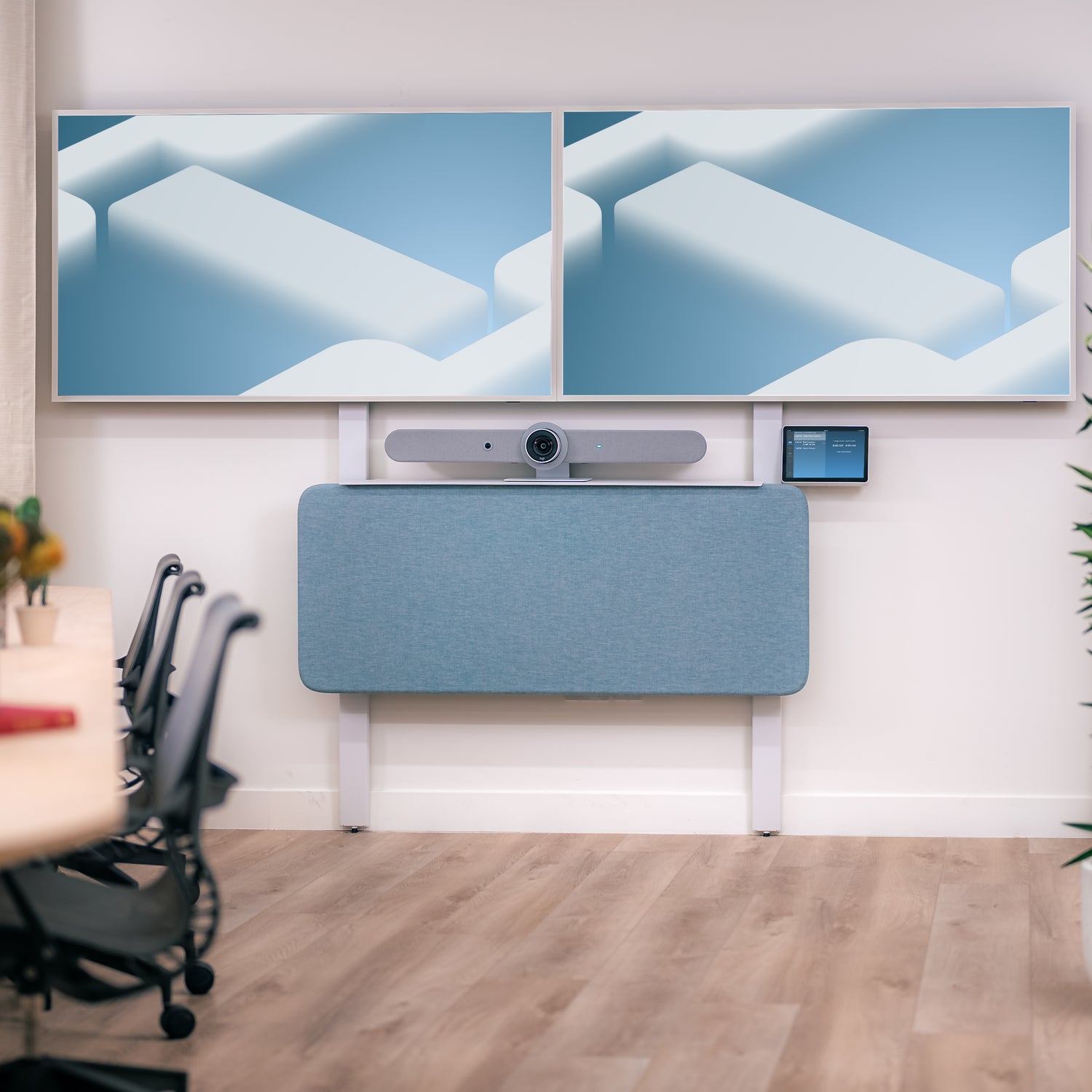 Dual Display Kit for Heckler AV Wall with blue Maharam fabric Video Meeting Hub