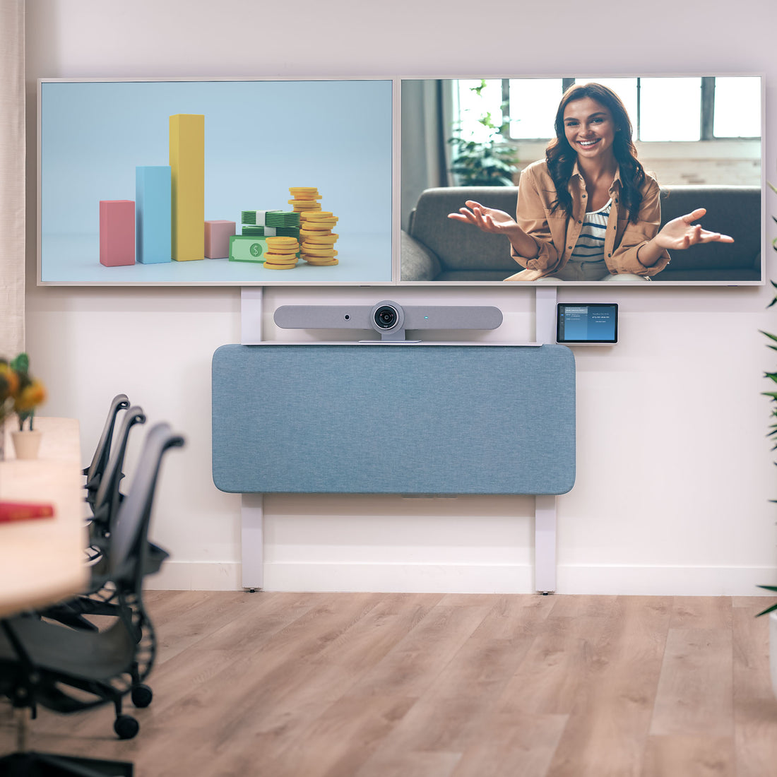 Dual Display Kit for Heckler AV Wall installed with dual 75 inch displays in meeting room