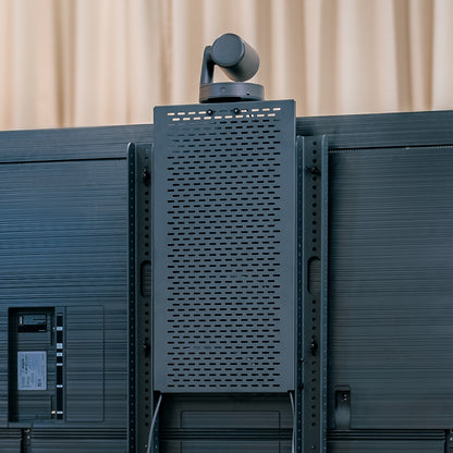 Device Panel XL installed on Heckler AV Cart — rear view showing pill-shaped cutouts and mounted components