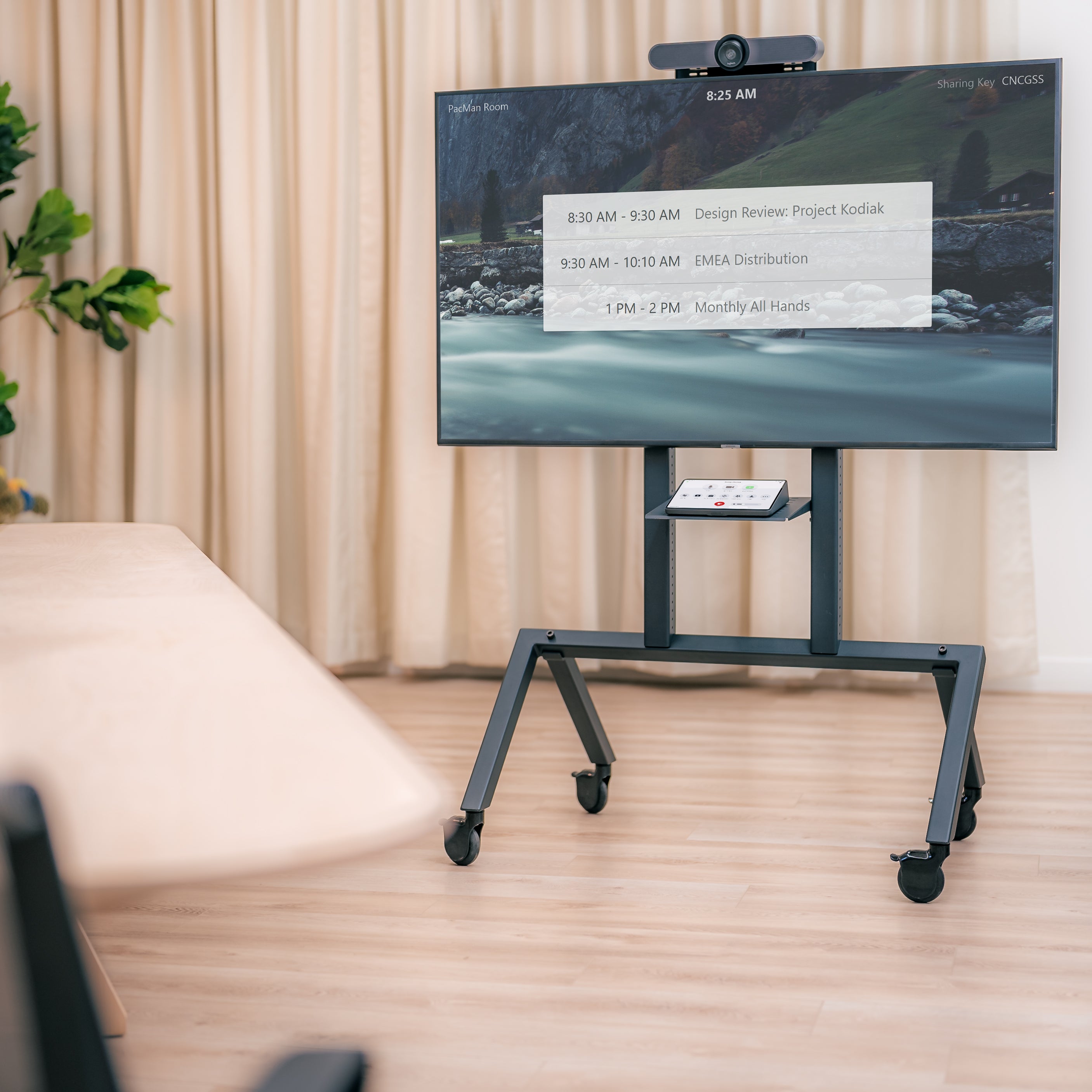 Heckler AV Cart Prime — front view with Device Panel, Control Shelf, Soundbar Mount, and display mounted on steel frame with locking casters