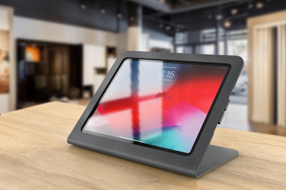Heckler Stand for iPad Air 13-inch &amp; iPad Pro 12.9-inch — Black Grey, front three-quarter view with iPad