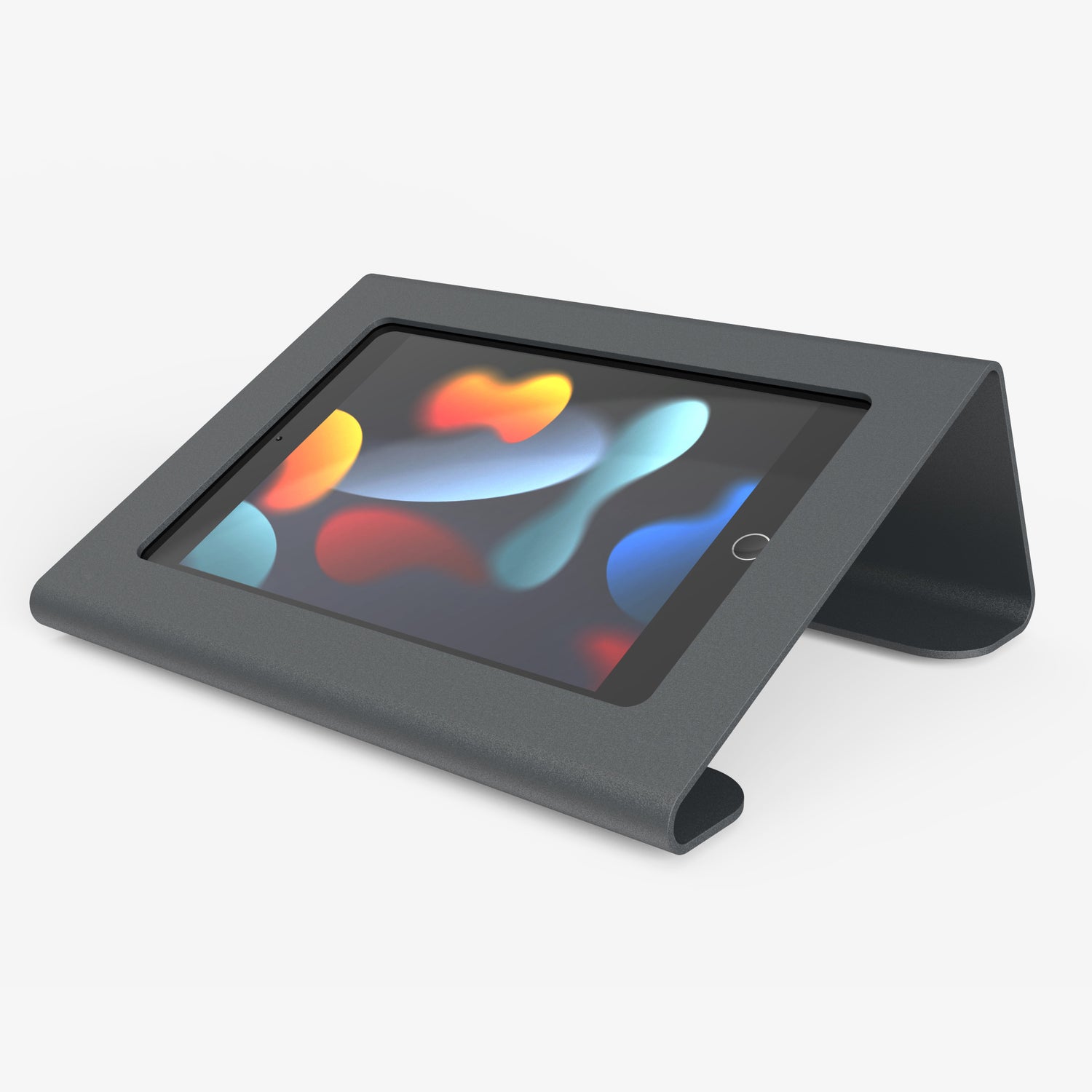 Heckler Meeting Room Console for iPad mini, overhead angle showing iPad mini in enclosure on conference table