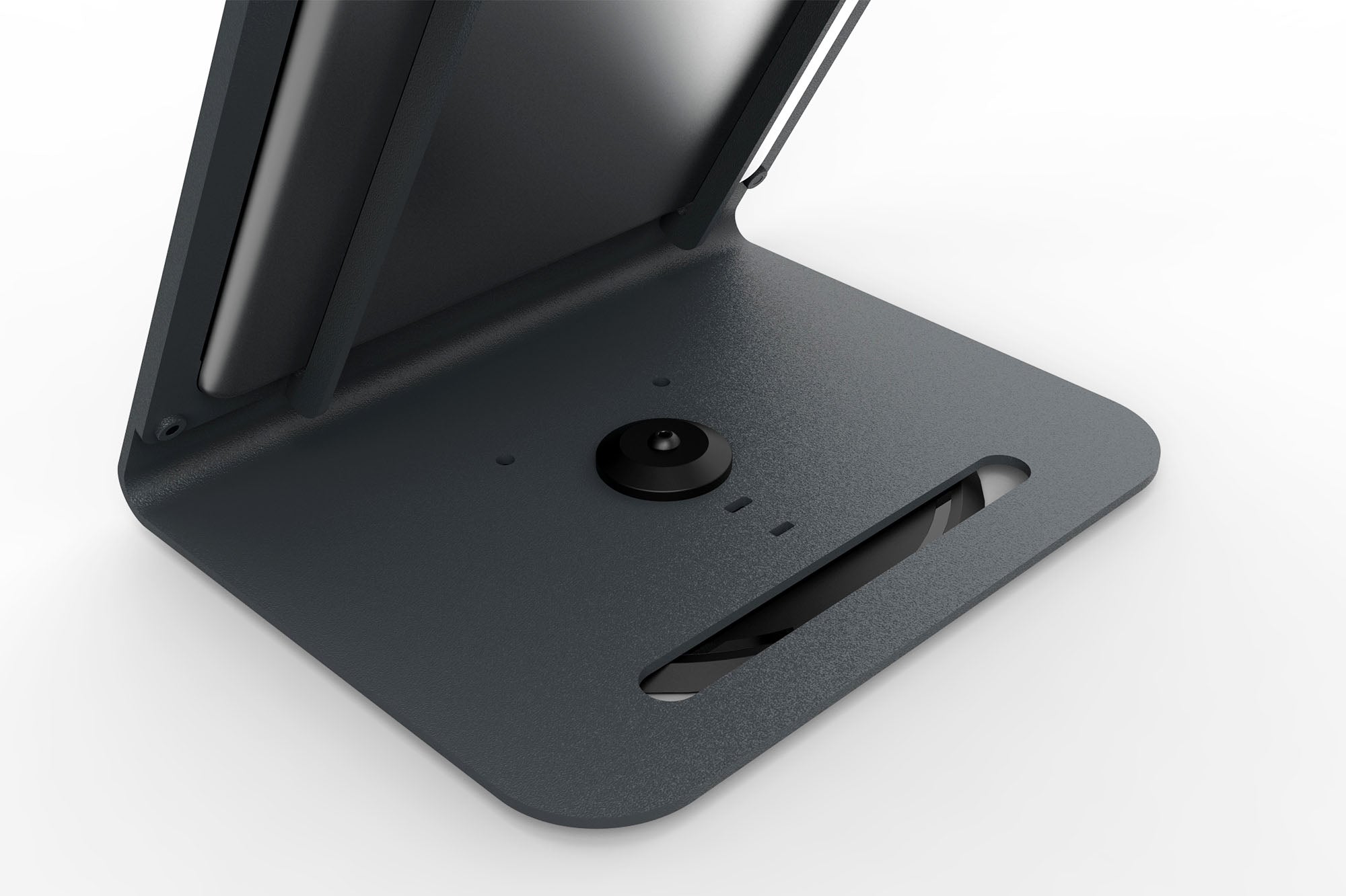 Heckler WindFall PivotTable T222 installed with WindFall Stand, 3D render showing pivot-and-slide slot