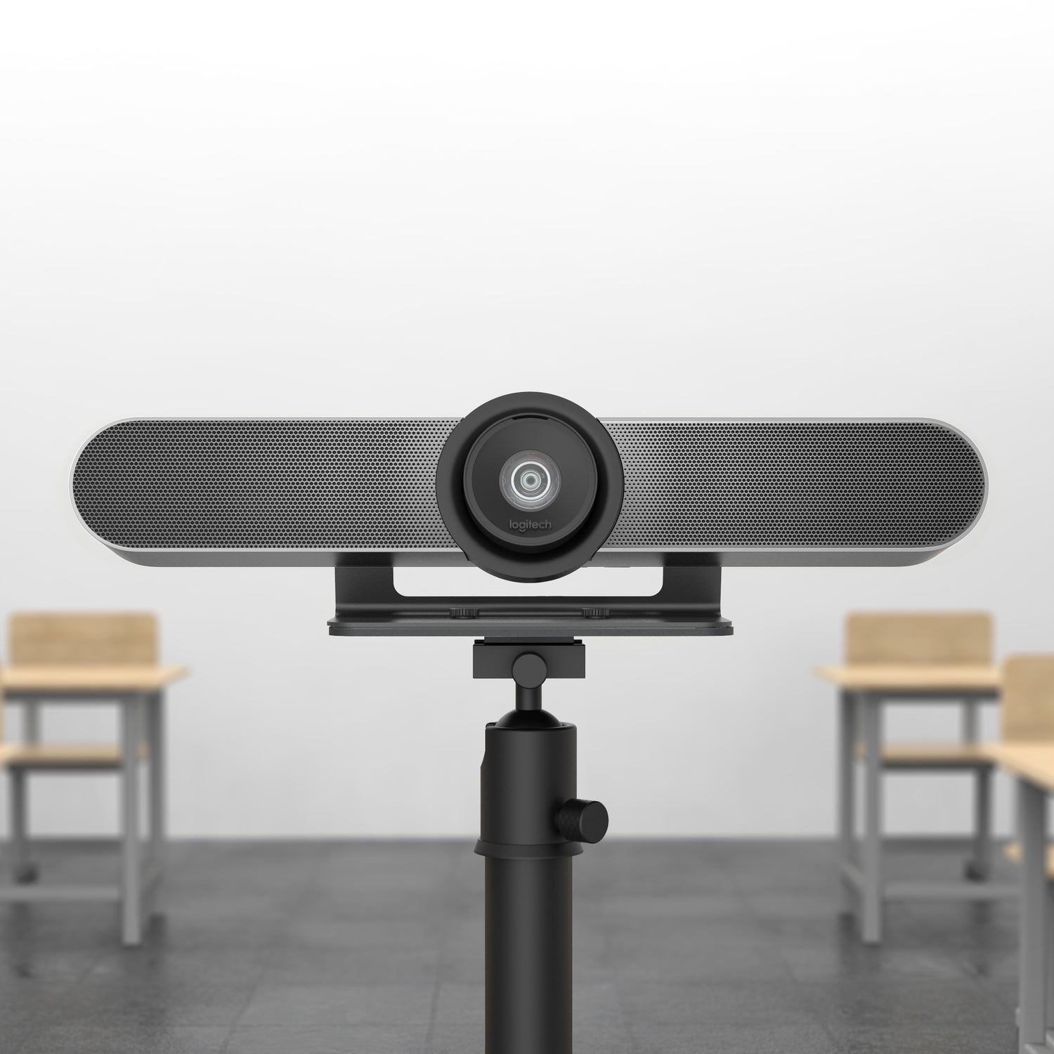 Heckler Tripod Mount for Logitech MeetUp mounted on tripod with MeetUp camera attached
