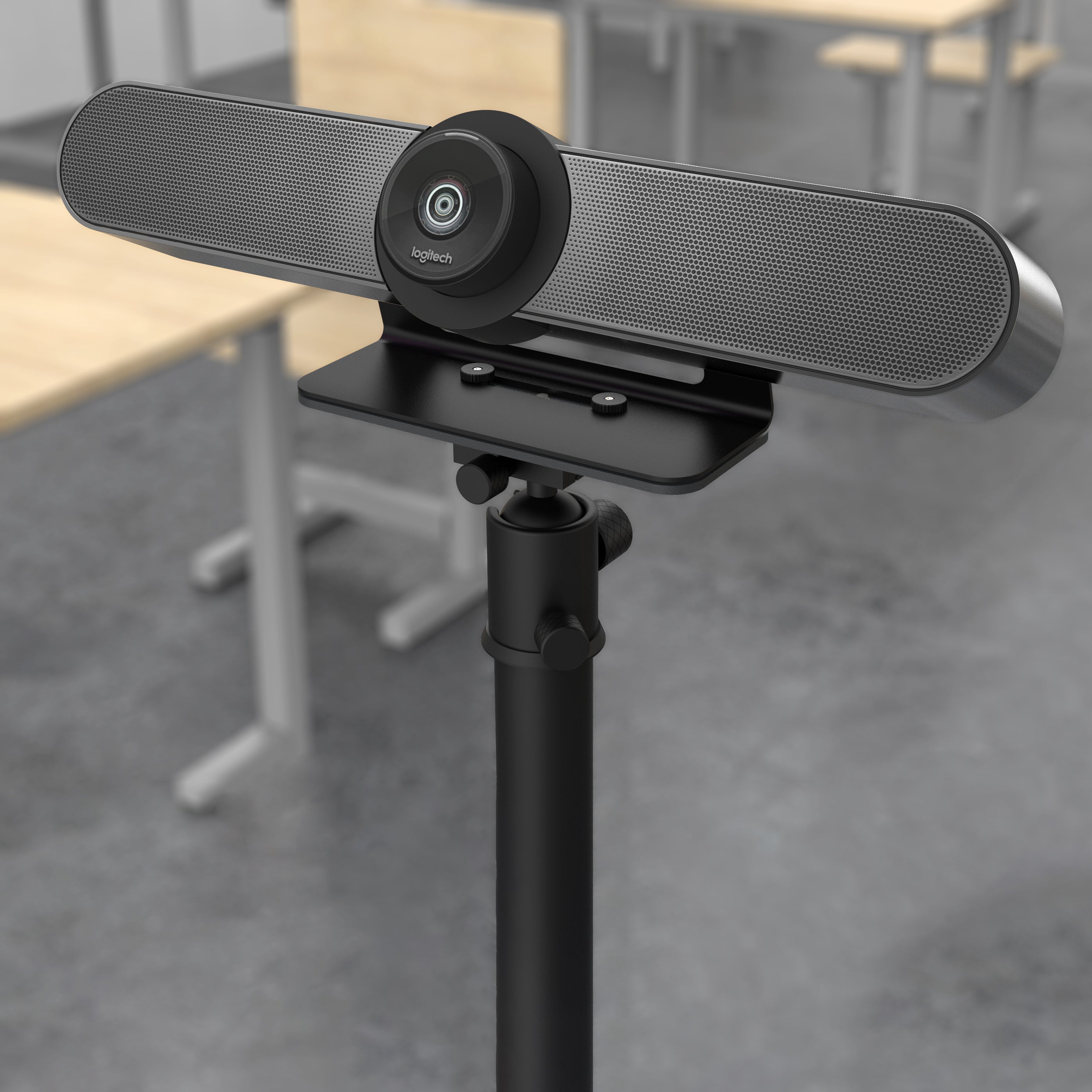 Heckler Tripod Mount for Logitech MeetUp mounted on tripod with MeetUp camera attached
