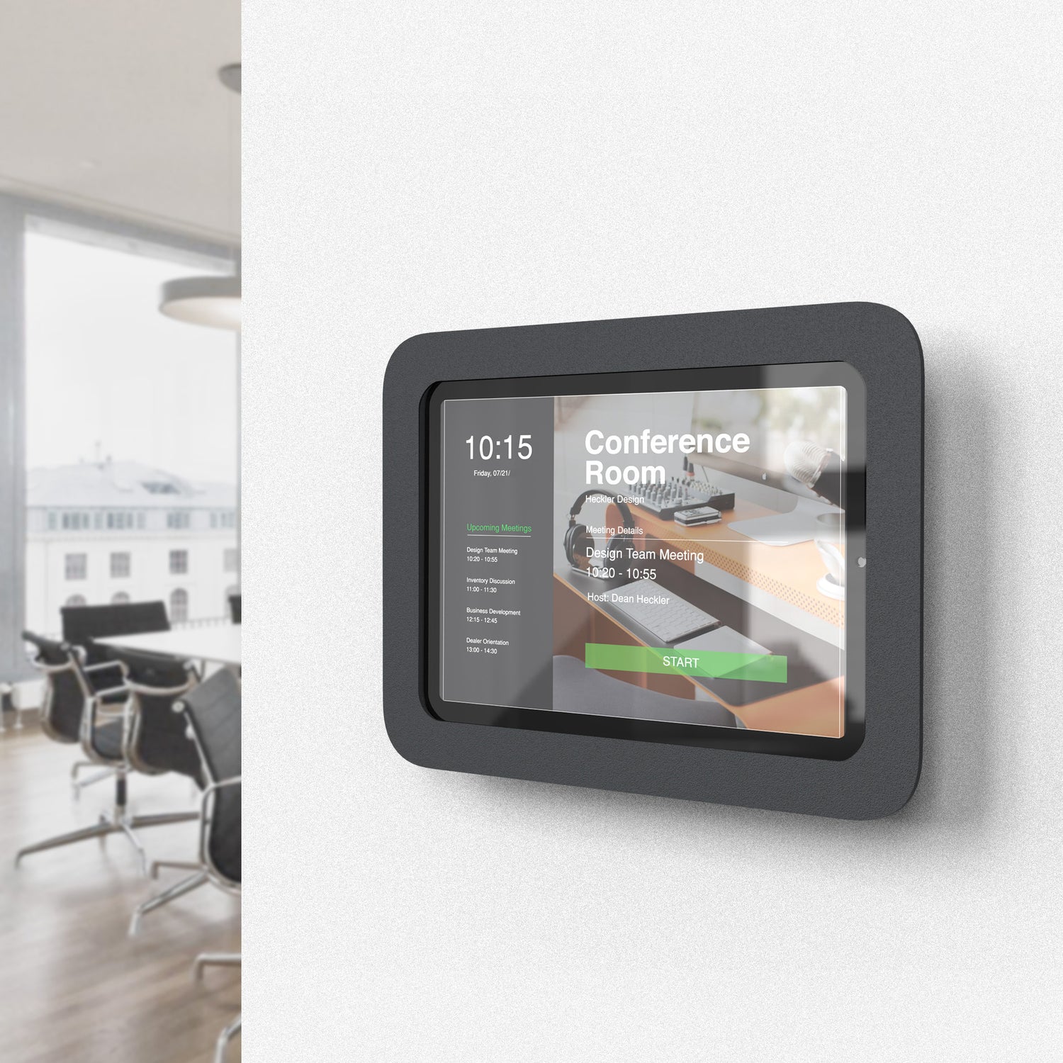 Heckler OnWall Mount for iPad mini — installed as room scheduler outside conference room
