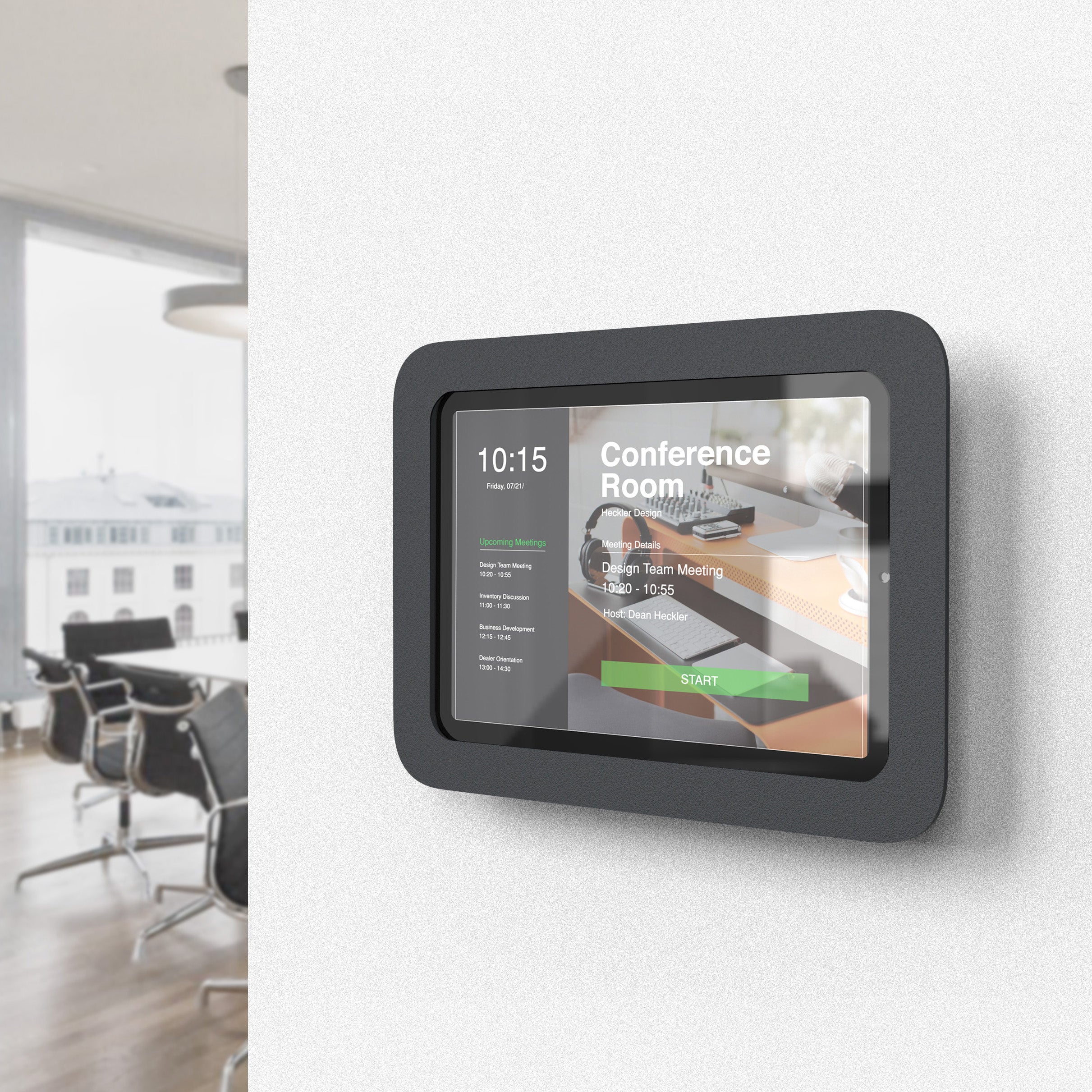 Heckler OnWall Mount for iPad mini — installed as room scheduler outside conference room