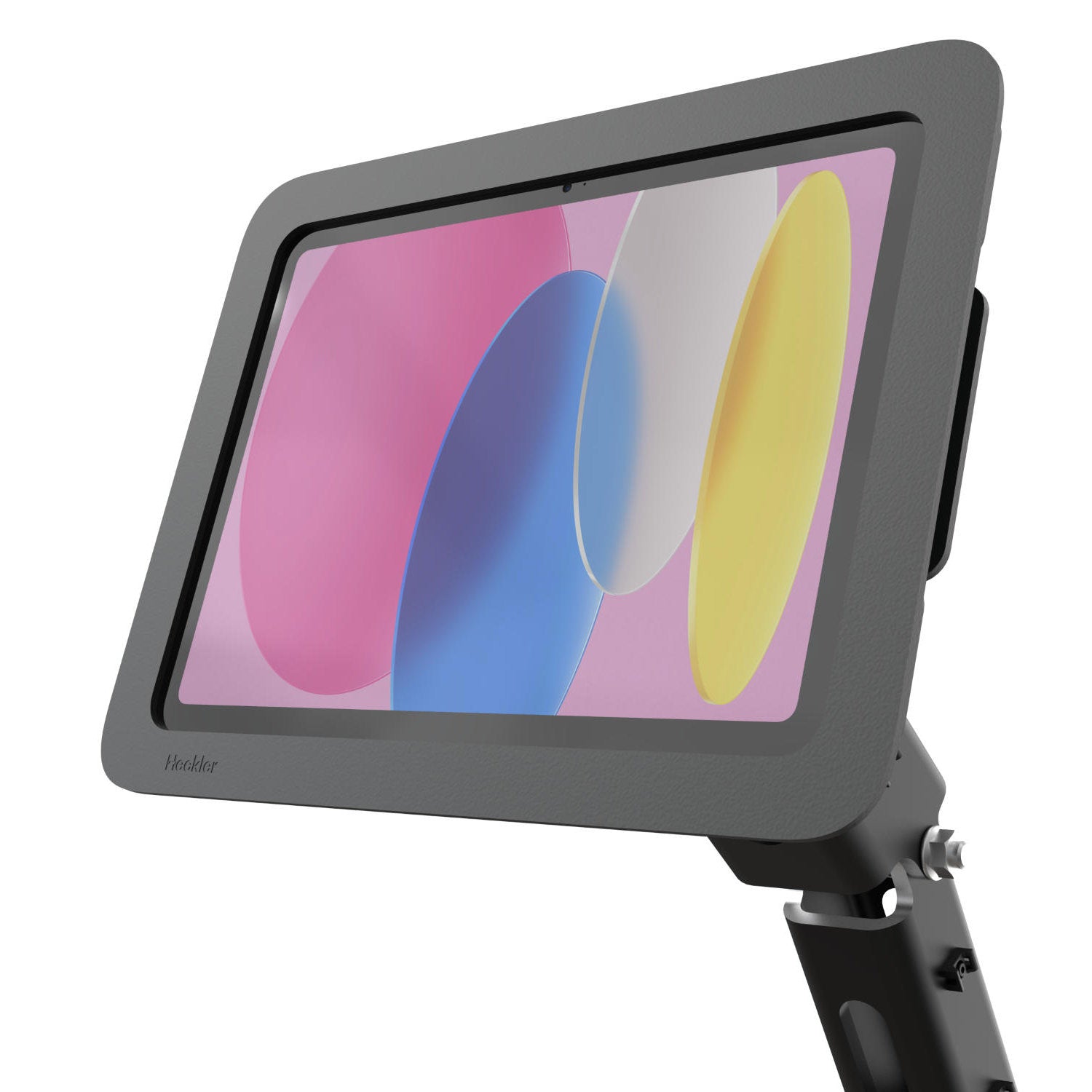 Heckler VESA Mount with iPad displaying content — mounted on display arm