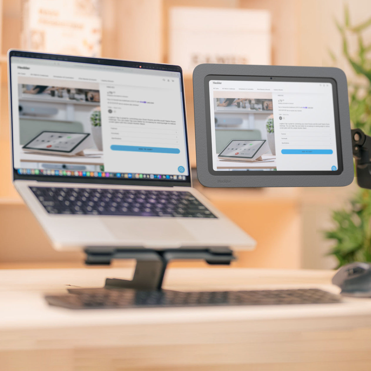 Heckler VESA Mount for iPad — lifestyle view on countertop display arm
